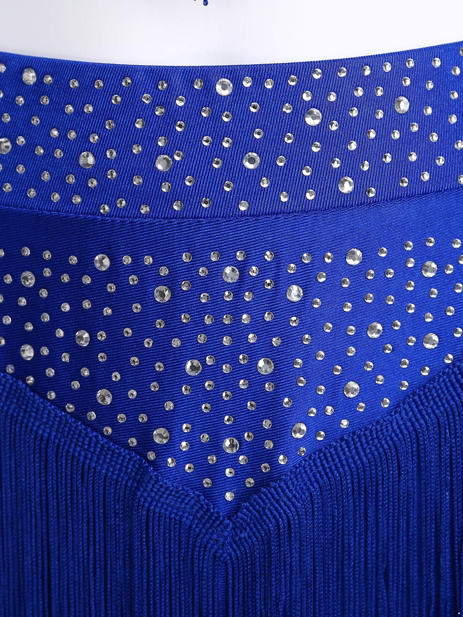 ranrann Tenue Danse Latine Femme Strass à Franges Ensemble Haut et Jupe Danse Samba Rumba Jazz Costume