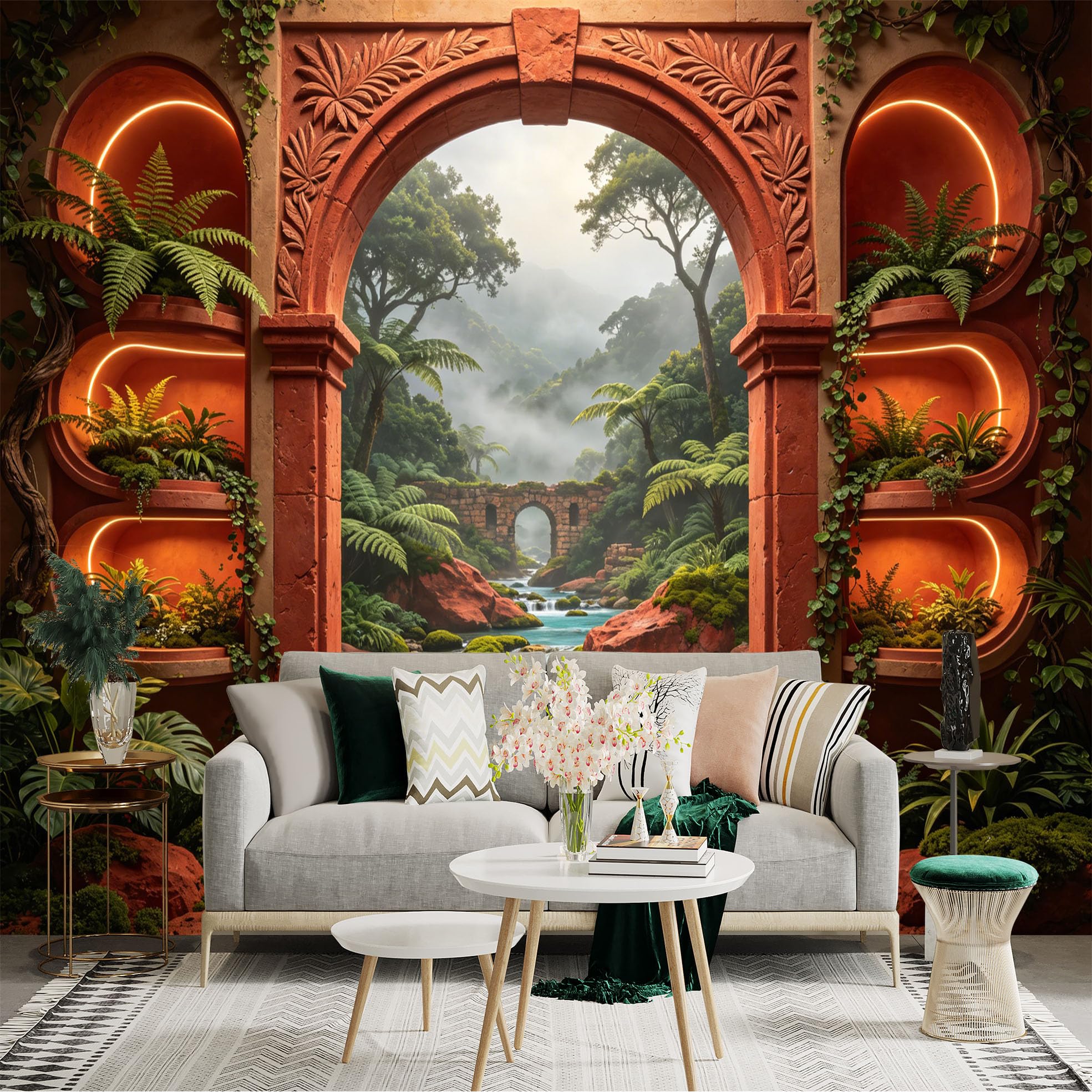 Custom Size Wall Sticker Mural， Tropical Jungle with Red Stone Archway， Waterfall and Lush Greenery， for wall Decoration， peelandstick wall Decals.