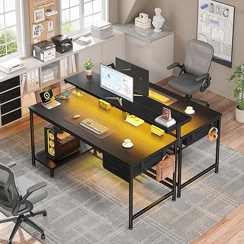 Miniatura 2 de Escritorio para juegos de 39.3 pulgadas con toma de corriente y luces LED, escritorio de computadora con soporte de monitor ajustable y cajón