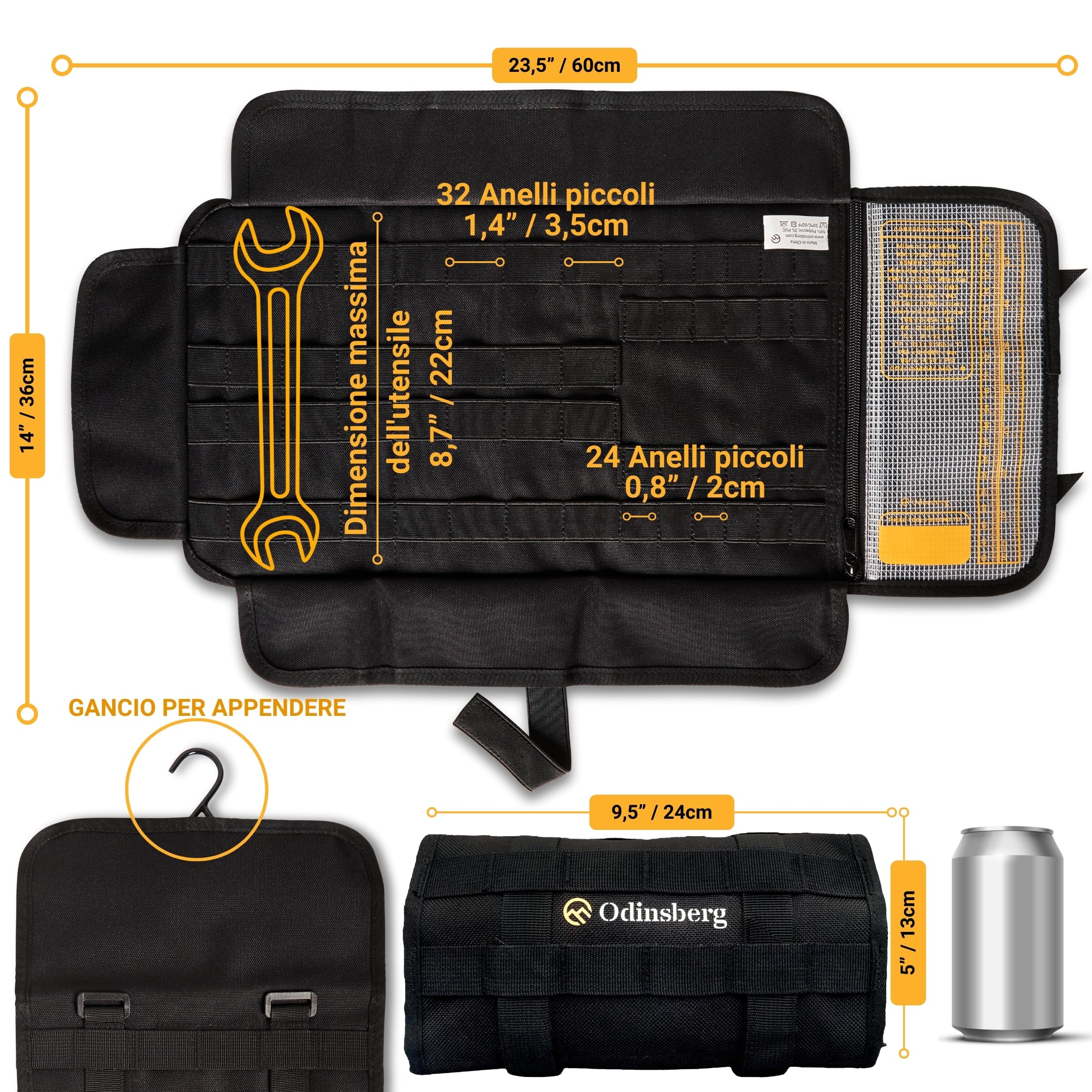 ODINSBERG Borsa Porta Attrezzi Moto Arrotolabile - Attrezzi NON Inclusi - Borsello Moto con 56 Elastici, Tasca, Sistema MOLLE e Doppia Chiusura per Proteggere e Organizzare il Kit di Attrezzi