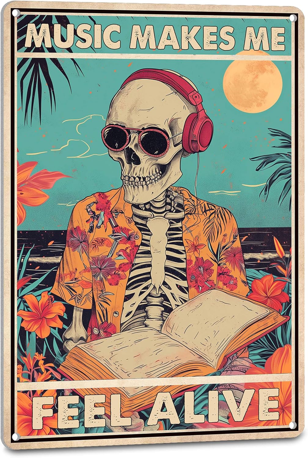 NEGLAI Gothic Skull Music Tin Sign 'Music Makes Me Feel Alive' 8x12 Inch Metal Wall Decor for Man Cave Boys Room Bar