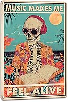 NEGLAI Gothic Skull Music Tin Sign 'Music Makes Me Feel Alive' 8x12 Inch Metal Wall Decor for Man Cave Boys Room Bar