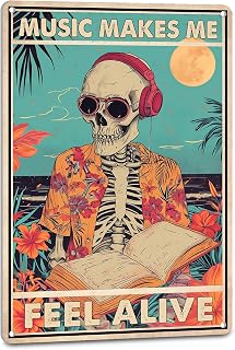 NEGLAI Gothic Skull Music Tin Sign 'Music Makes Me Feel Alive' 8x12 Inch Metal Wall Decor for Man Cave Boys Room Bar