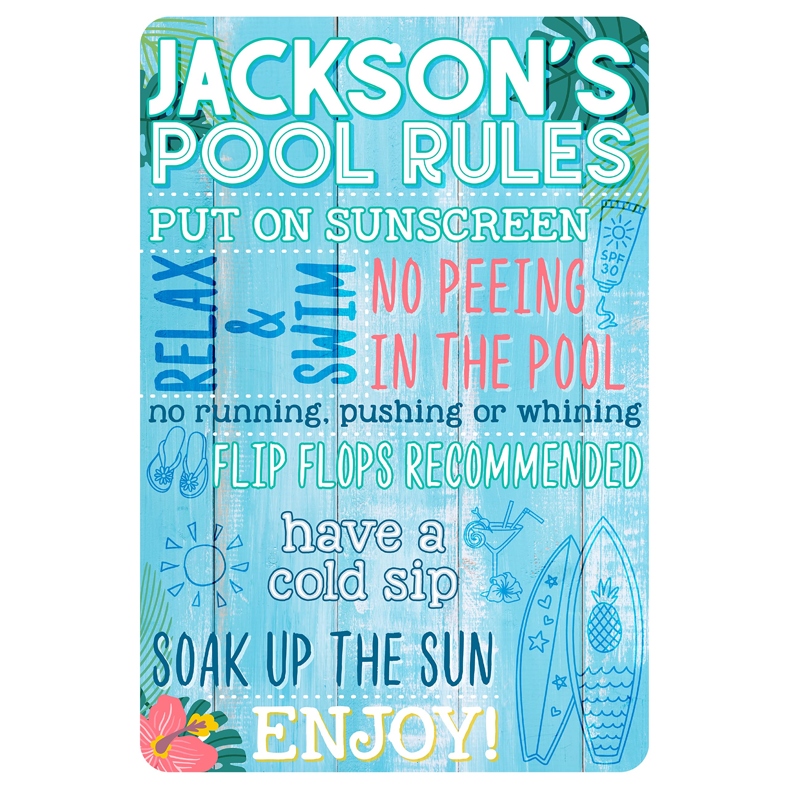 Personalized Pool Sign w/Name - Indoor/Outdoor Metal Sign for Garden, Patio, Hot Tub, Pool Deck | 7 Unique Designs | Customized Gifts for Swimming Pool Owners, Funny Backyard Decorations