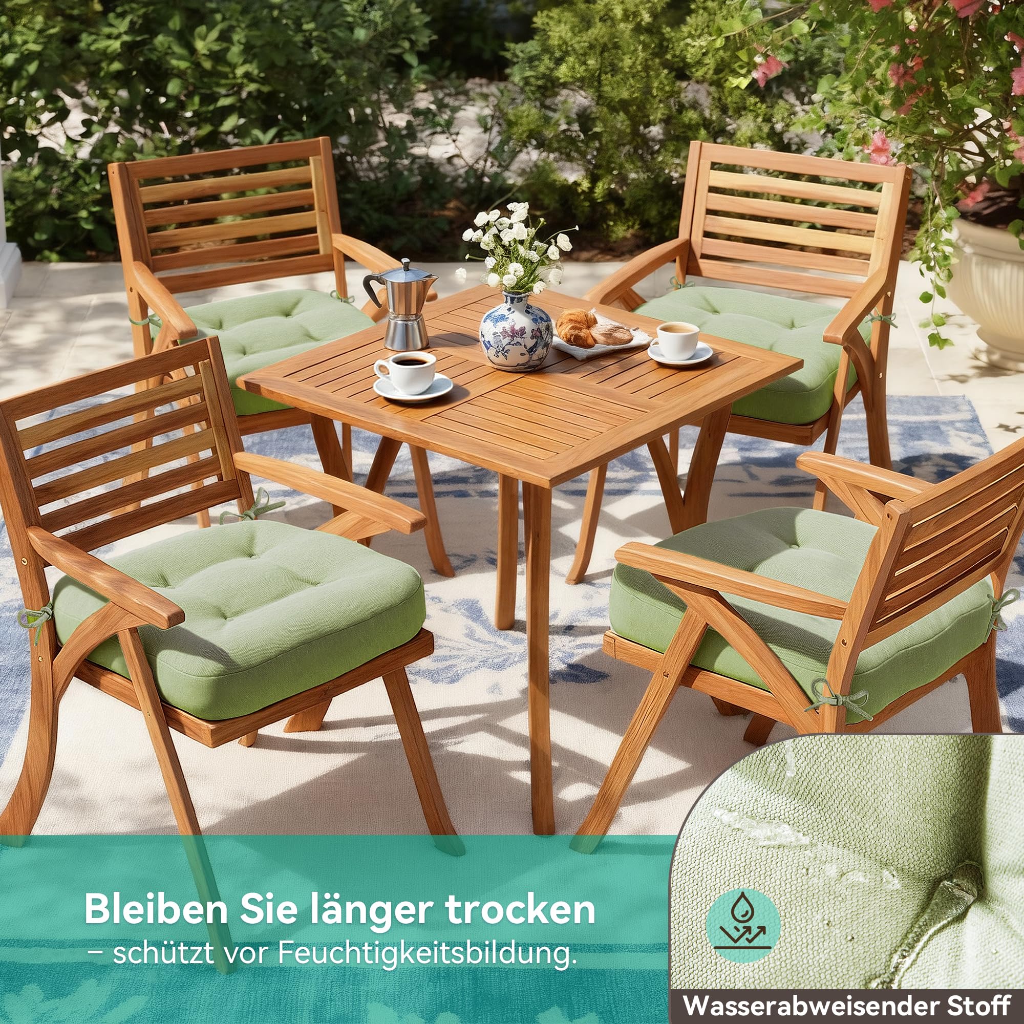 Codi Sitzkissen 40x40×8 cm 6er Set, Extra Dicke, Bequeme Stuhlkissen mit wasserabweisendem Bezug – Waschbare, rutschfeste Memory Foam Sitzauflagen für Stuhl, Outdoor und Gartenstuhl, Salbeigrün