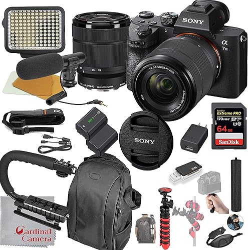 Sony Cámara réflex digital sin espejo Alpha a7 III con kit de lente de 1.102-2.756 in, paquete de video + luz de video LED + micrófono + memoria