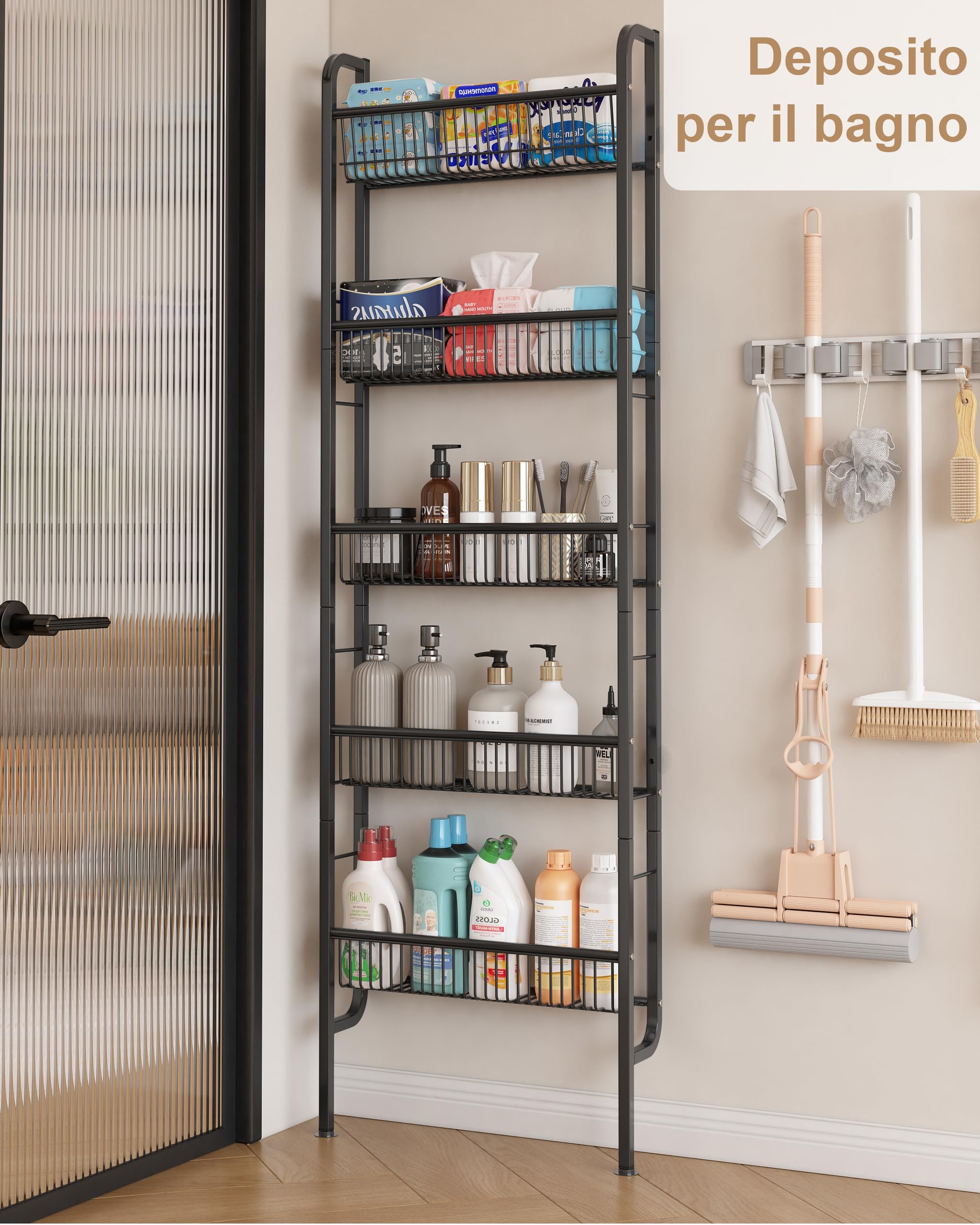 UMDONX Scaffale stretto per bagno, scaffale da parete per cucina, scaffale a scala a 5 livelli, scaffale per libri, scaffale multifunzionale in metallo per spazi ristretti-Nero
