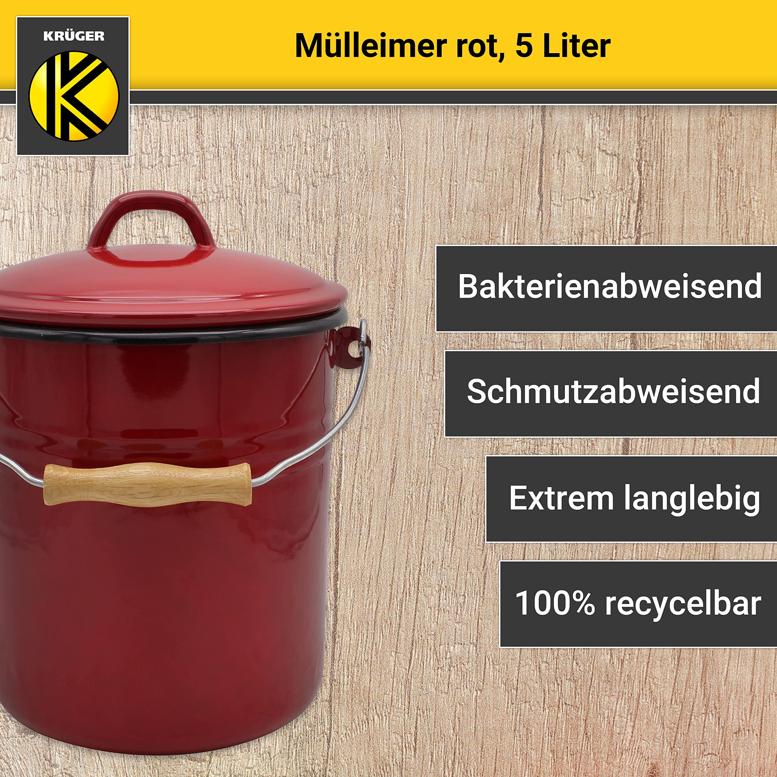 KRÜGER Kosz na śmieci z pokrywką, stal powlekana emalią i drewnianym uchwytem, powierzchnia odporna na przecięcia i zarysowania, trwały i wszechstronny (5 litrów, czerwony)