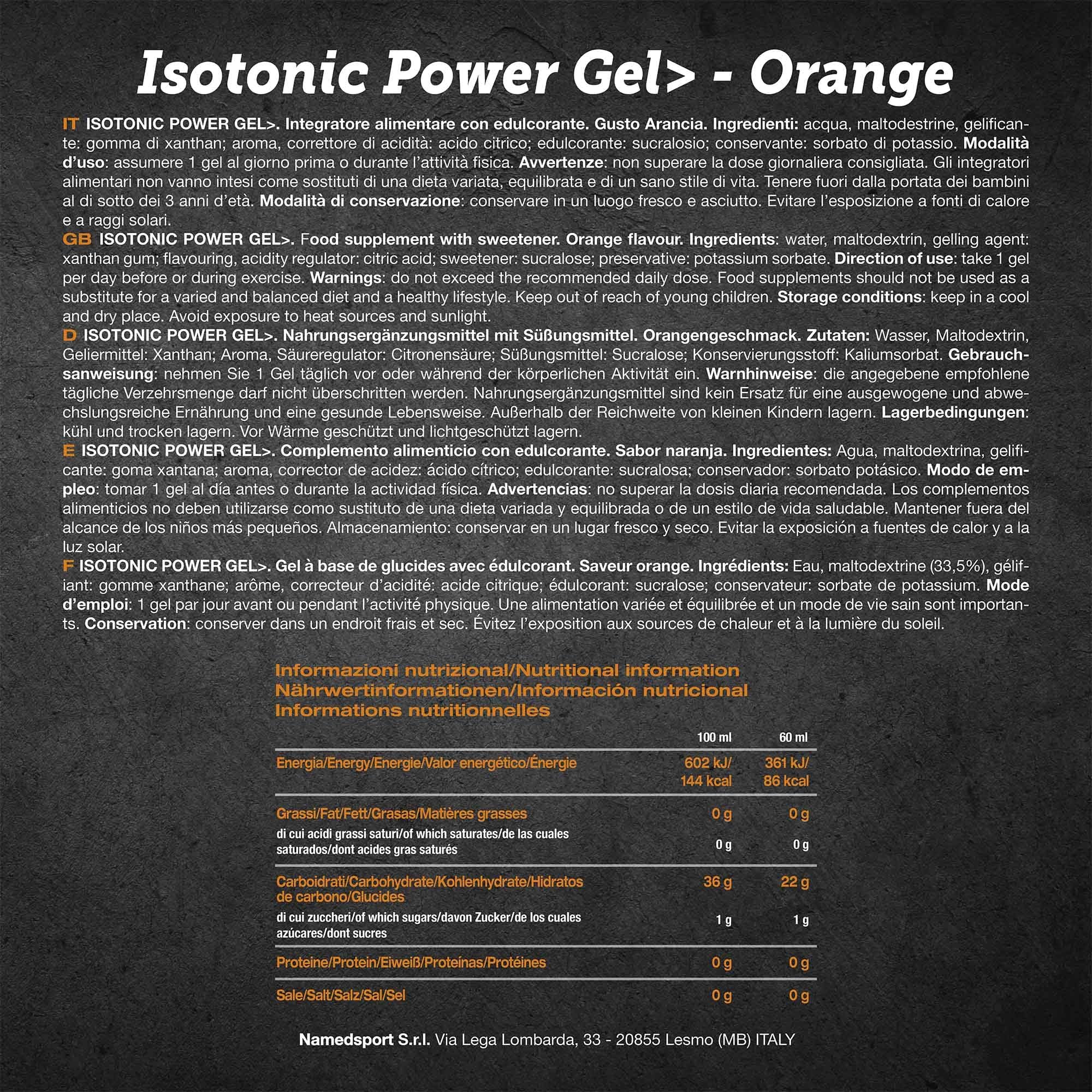 NAMEDSPORT ISOTONIC POWER GEL Orange, Gel Energetico Isotonico 60ml, Ricarica Energetica Istantanea con 22g di Carboidrati, Ideale per Sport di resistenza, Confezione da 24
