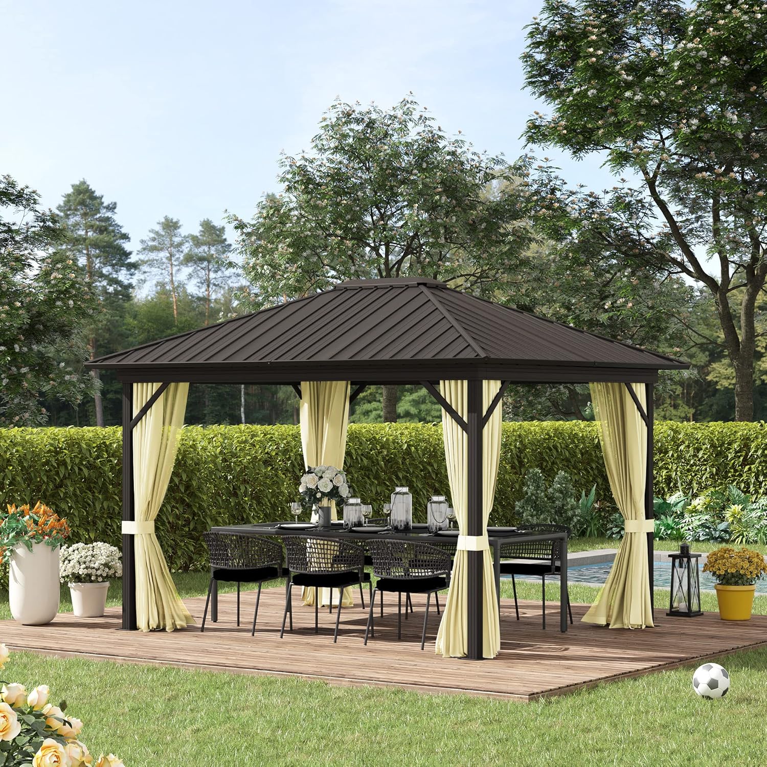 Outsunny 10' x 12' Hardtop Gazebo with Curtains and Netting, Permanent Pavilion Metal Single Roof Gazebo Canopy with Aluminum Frame and Hooks, for Garden, Patio, Backyard, Cream White