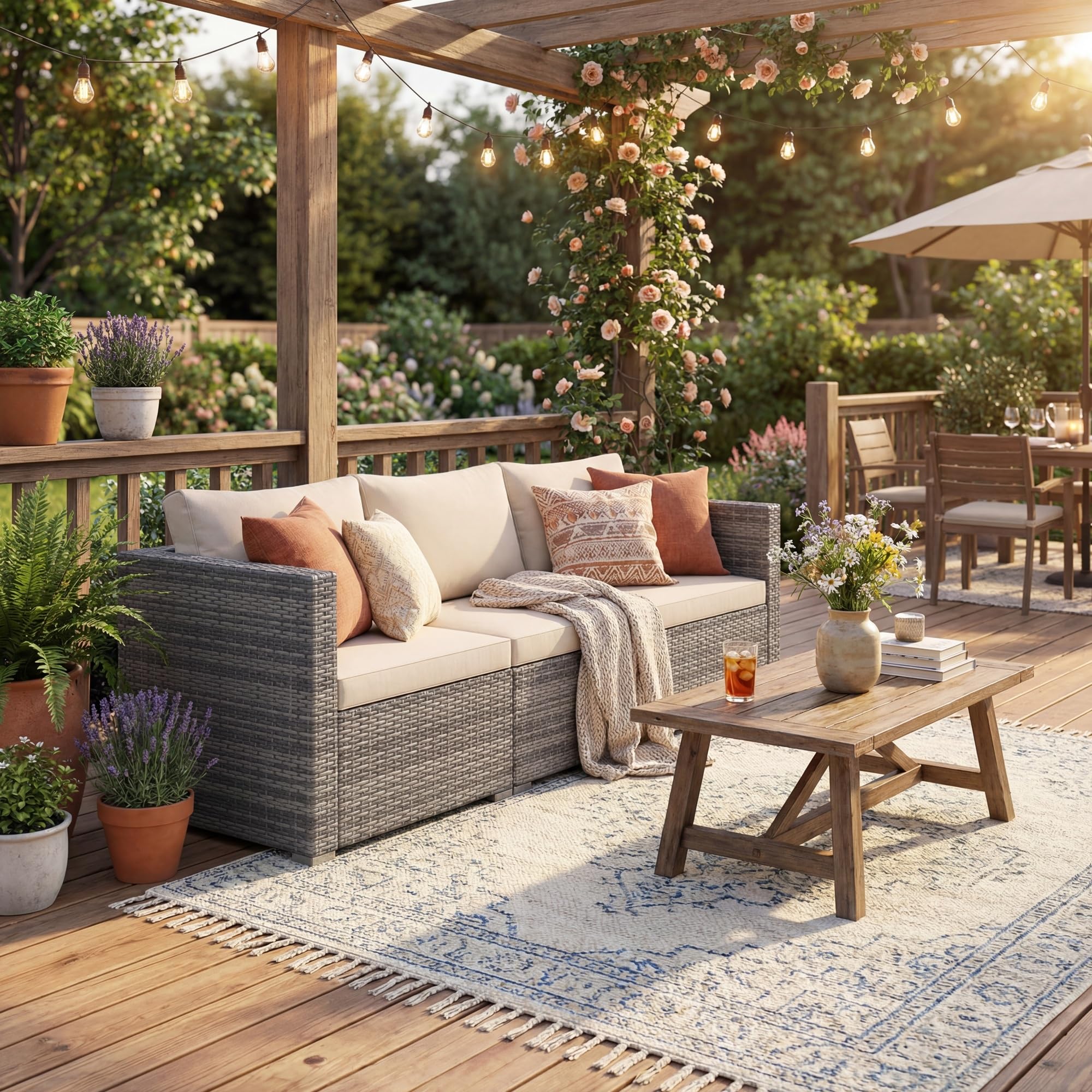 LIFEZEAL Canapé de Jardin 3 Places Rotin PE Charge 540 KG Modulable Beige