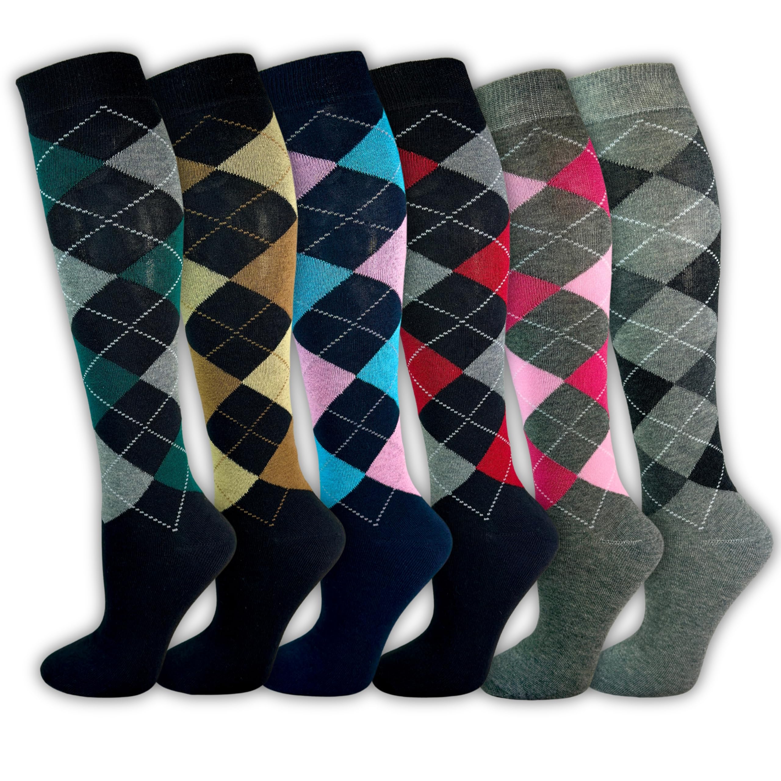 Generisch Lot de 6 paires de chaussettes d'équitation pour femme - Taille confortable - Coton - À carreaux - Respirantes
