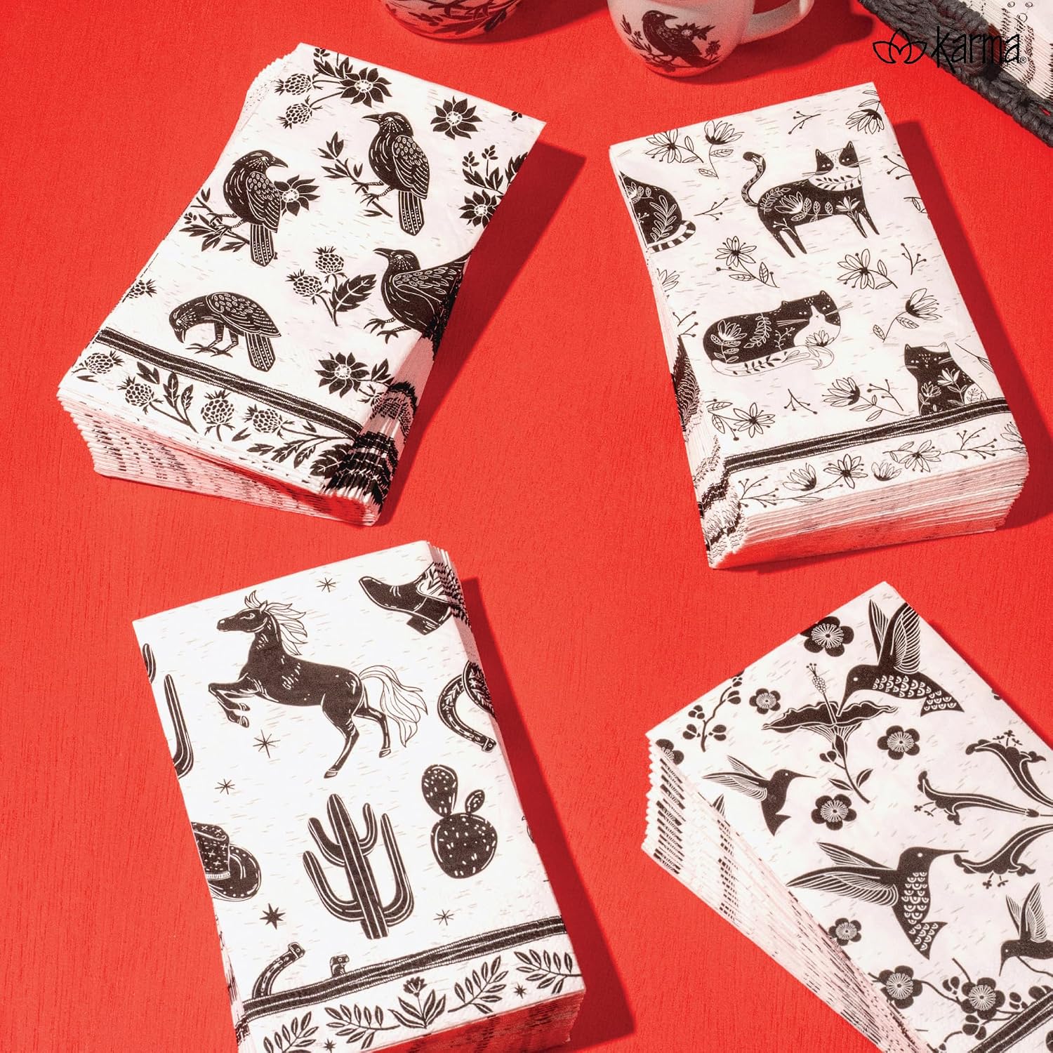 Karma Boho Paper Napkins Set with Woven Holder – 20 Black & White Bohemian 3-Ply Disposable Napkins with Decorative Storage Basket for Kitchen, Coffee Table & Entertaining, Western image 2