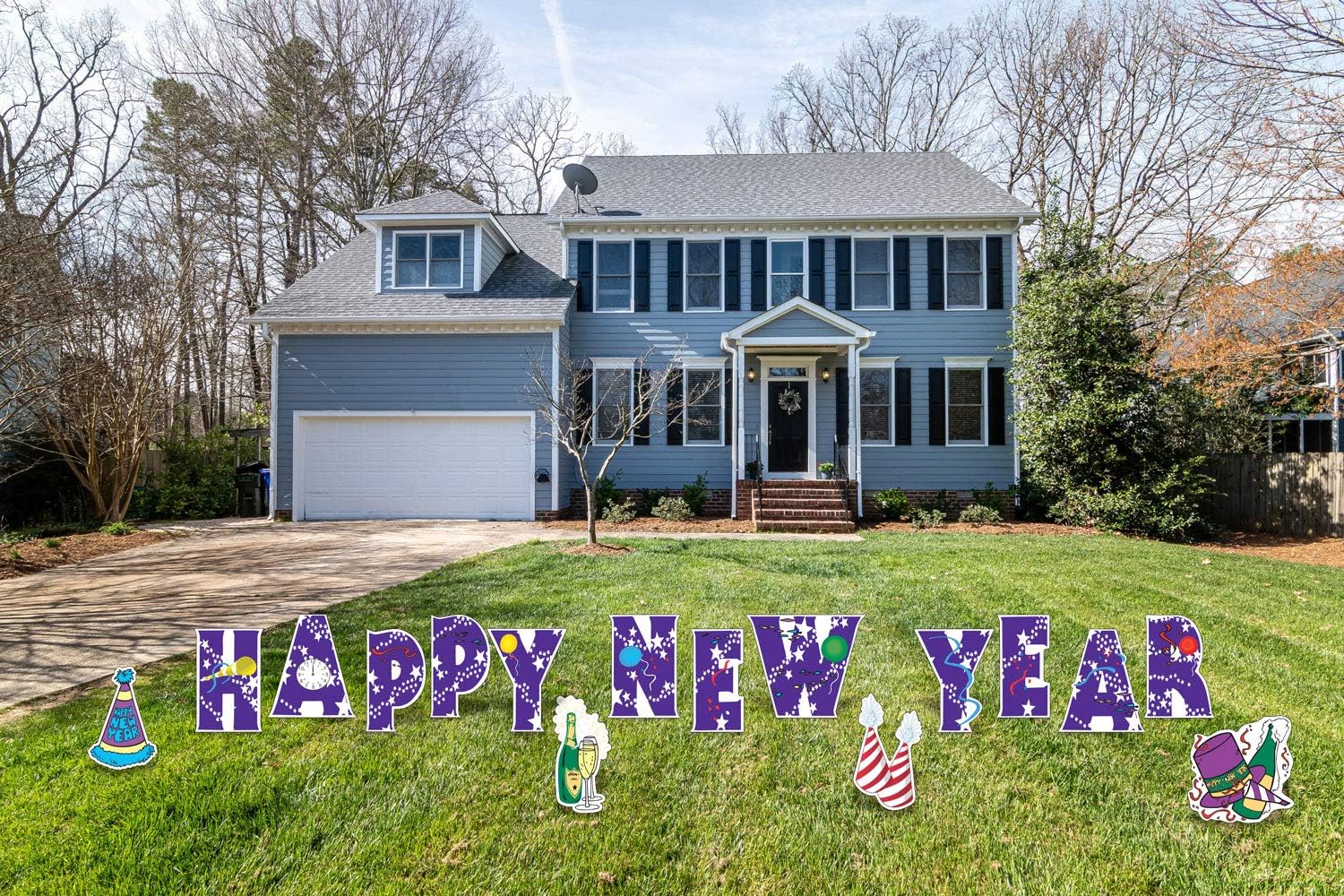 Happy New Year Yard Sign Letters with Stakes Lawn Display Celebrate Big Colorful Stars Champagne