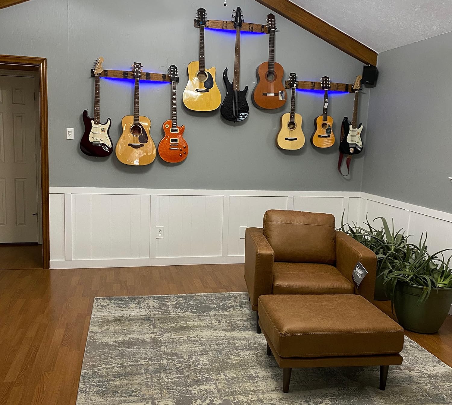 Coyle Woodworks Whiskey Barrel Stave 3-Instrument Wall Mount with LED Lights - Natural Finish Guitar, Ukulele, Violin, Banjo, Bass Hanger