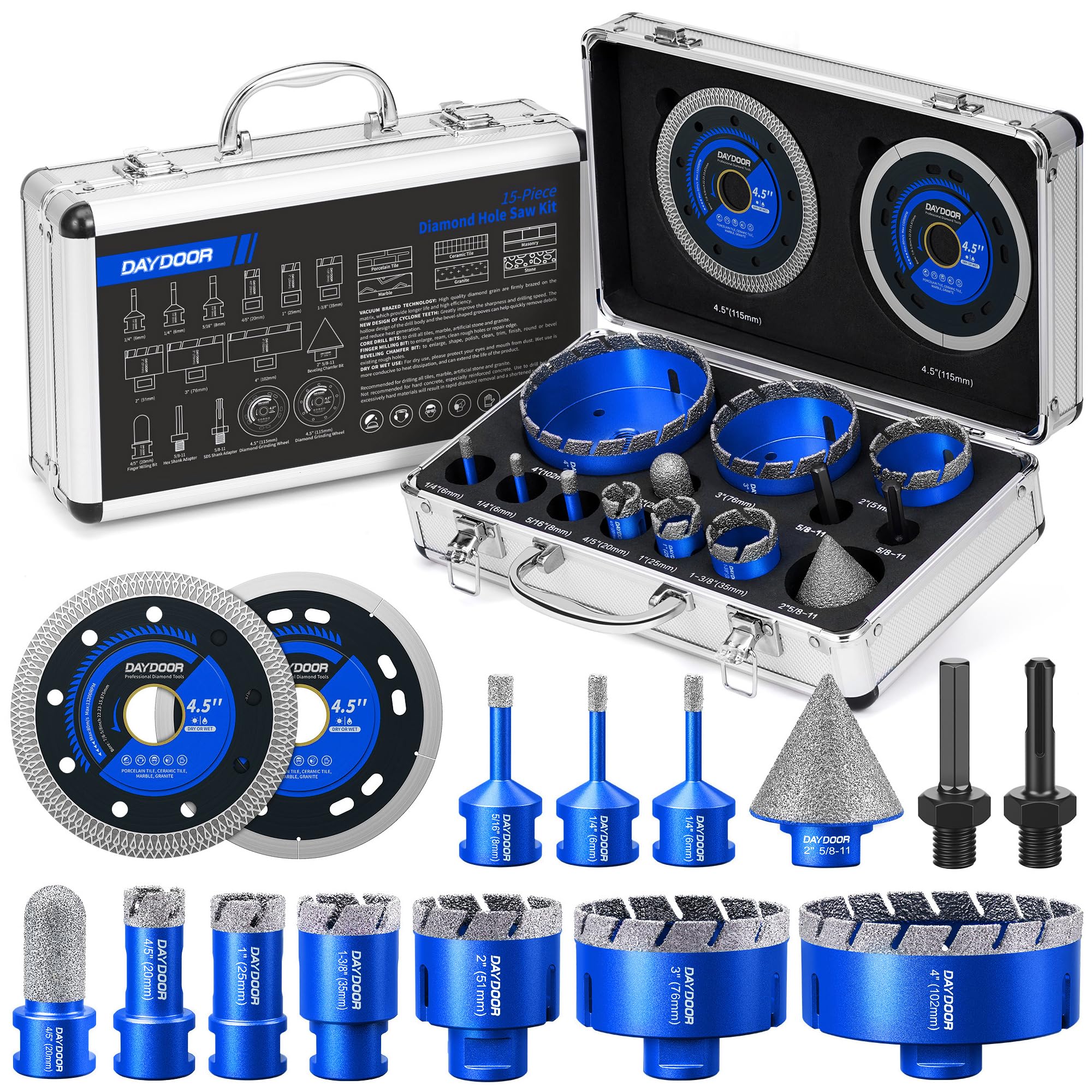 DAYDOOR Diamond Hole Saw Kit,15-Piece Tile Hole Saw Kit Vacuum Brazed(Blue) | 1/4" 5/16" 4/5" 1" 1-3/8" 2" 3" 4" Core Drill Bits, Beveling/Milling Bit, Saw Blade, For Porcelain/Granite/Marble/Stone/Glass