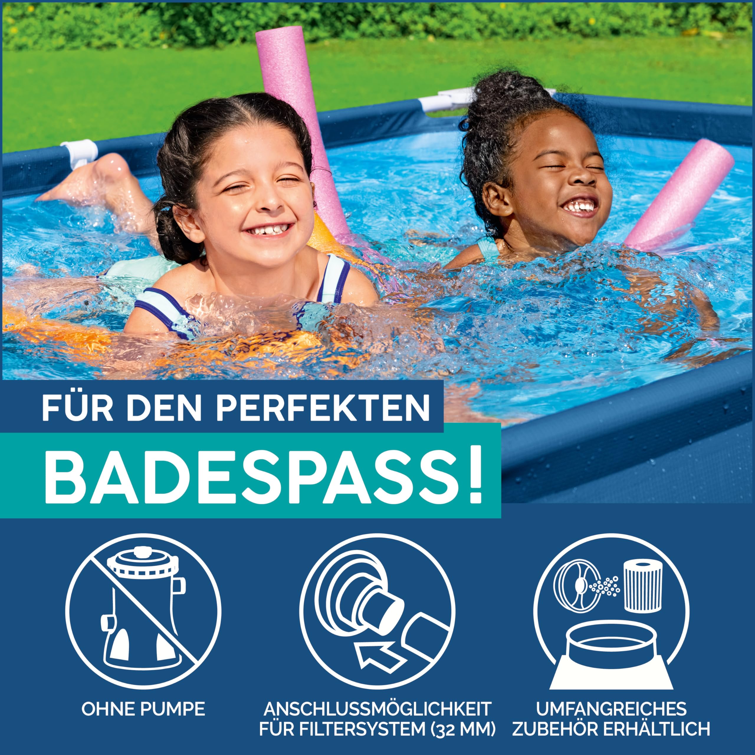 Bestway Steel Pro Frame Pool rechteckig 259 x 170 x 61 cm 2.300 Liter TriTech-Material FrameLink System korrosionsgeschützter Stahlrahmen dunkelblau