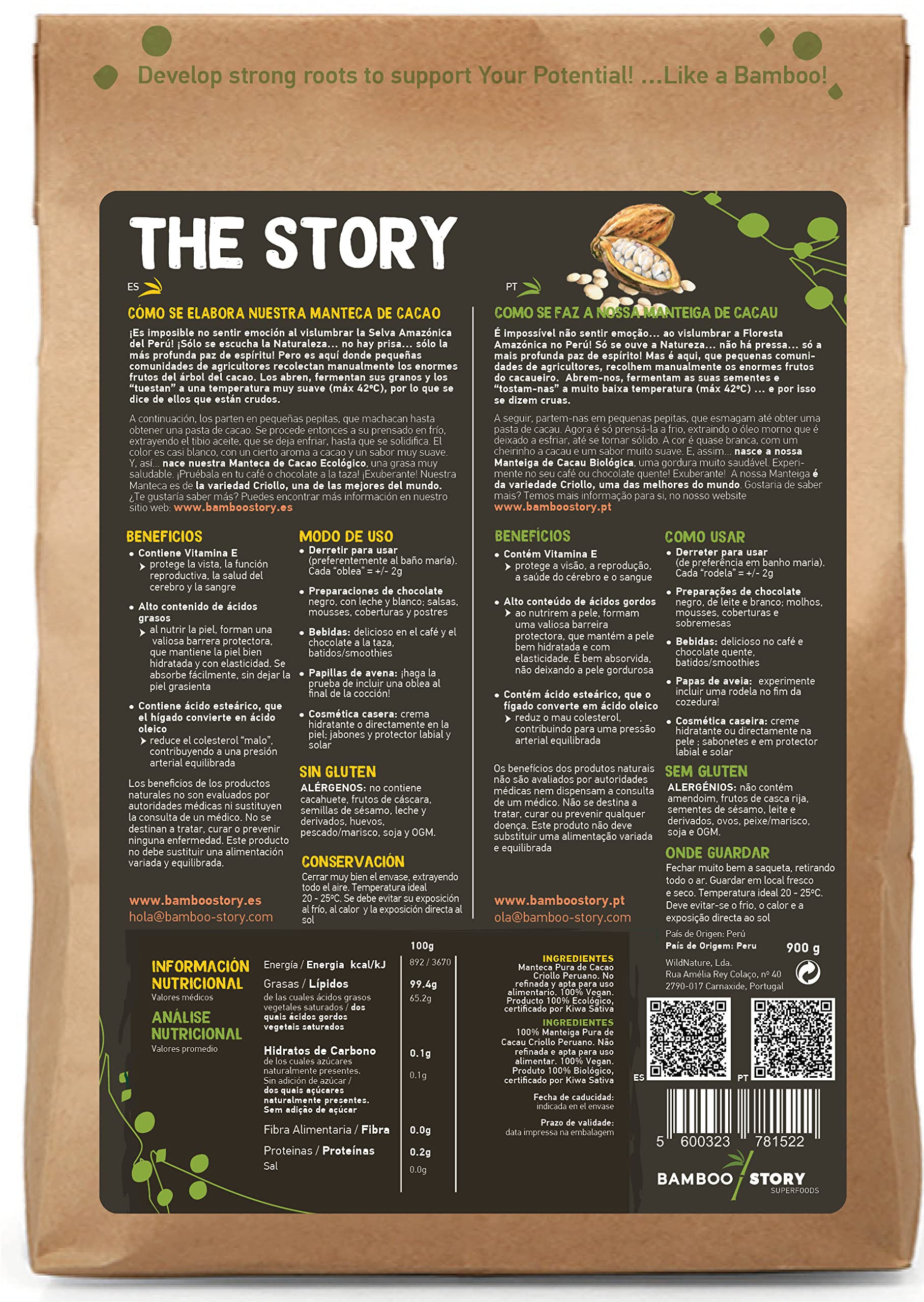Bio | BAMBOO STORY | Manteca Cacao | Prensada Frío | Criollo | 100% Peruano | 900g
