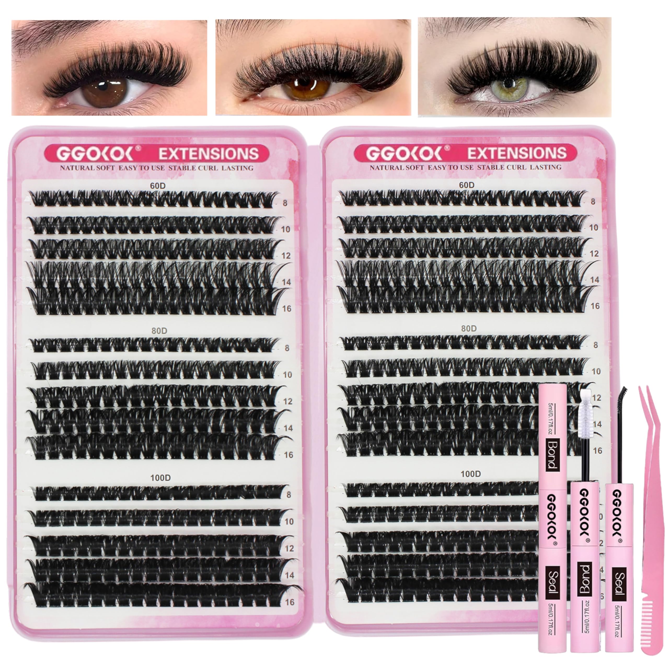 GGOKOK DIY Lash Clusters Kit 60D+80D+100D Fluffy Volume 8-16MM Thick Eyelash Extension Kit Individual Lashes Clusters Lash Bond and Seal Lash Tweezers(60D 80D 100D,Kit)