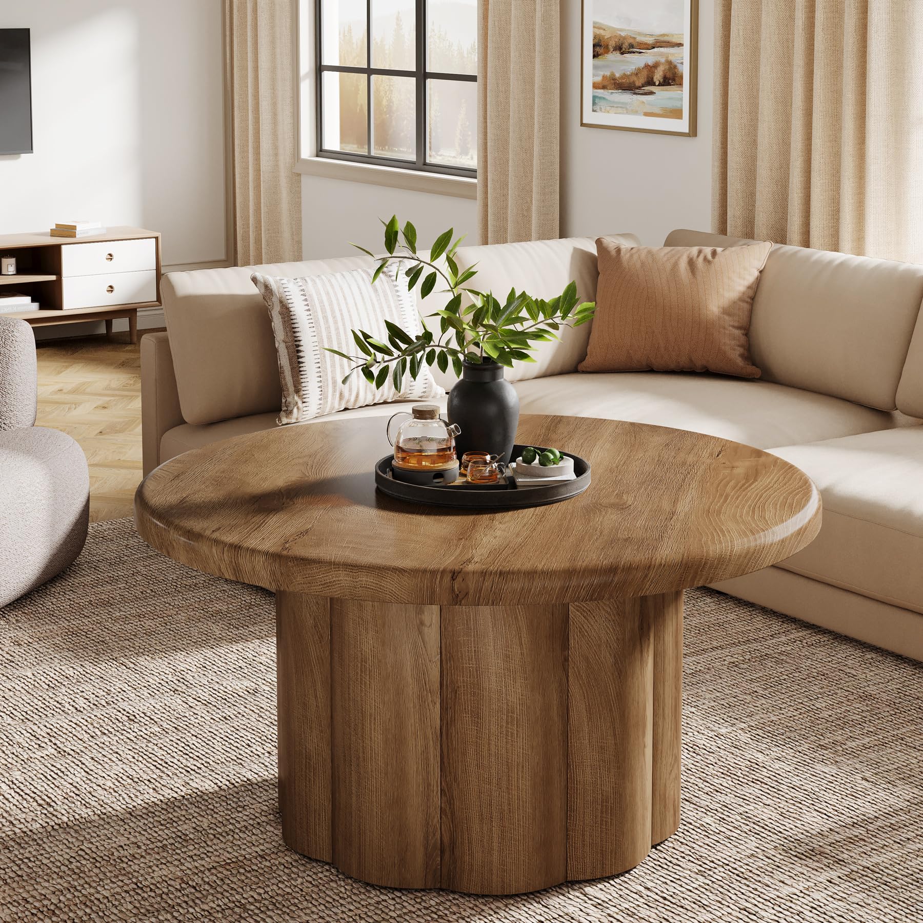 Tribesigns Tavolino Rotondo in Legno 80 cm – Design Moderno con Base a Tamburo Scanalato – Tavolo da Caffè in MDF Resistente per Soggiorno, Casa, Ufficio – Marrone
