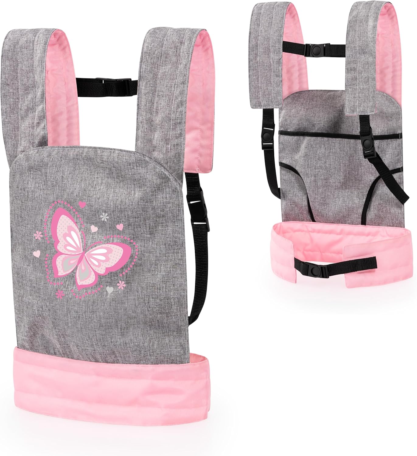 Bayer Design Dolls: Carrier Modern Design - Grey, Pink, Butterfly - Fits Dolls Up to 18', Kids Pretend Play, Padded & Adjustable Shoulder Straps, Integrated Seat, Accessory for -Plush Toys, Ages 3+