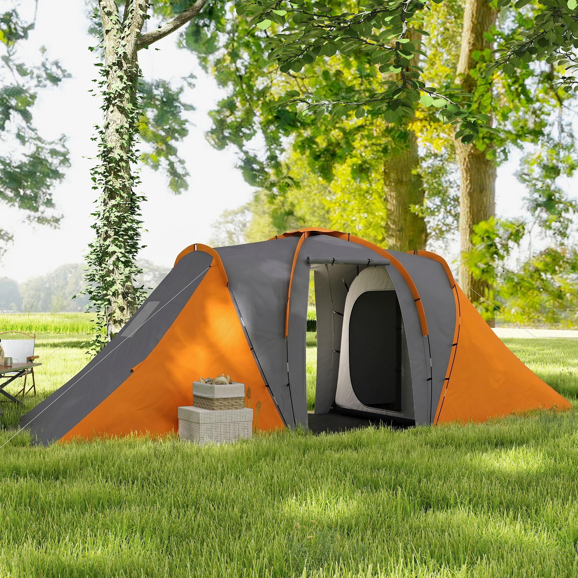 Outsunny Tente tunnel, tente de camping pour 4 à 6 personnes, avec 2 chambres, salon, tente familiale avec sac de transport, 2000 mm, imperméable, pour jardin, camping
