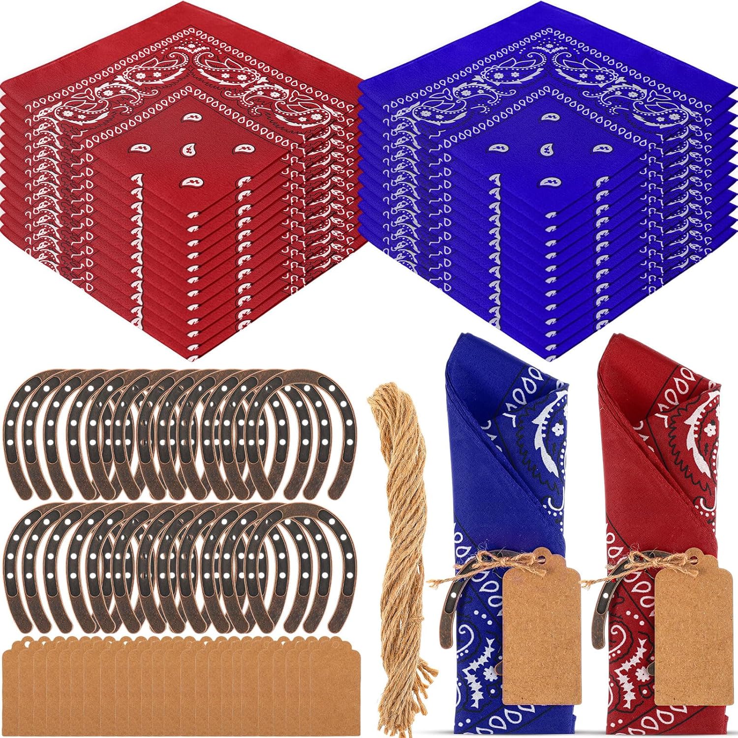 Chicingyou 24 Sets/ 72 Pcs Western Centerpieces for Tables Rodeo Party Favors Gift Cowboy Red Bandana Napkin for Wedding, Paisley Napkin Horseshoe Pendant Kraft Paper for Rodeo Birthday Party Decor