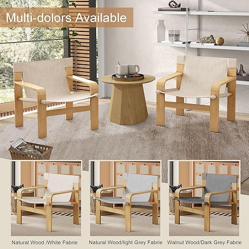 Miniatura 8 de Ball & Cast Silla decorativa con reposabrazos anchos, sillas de sala de estar de mediados de siglo con sillón de tela de lino y marco de madera de