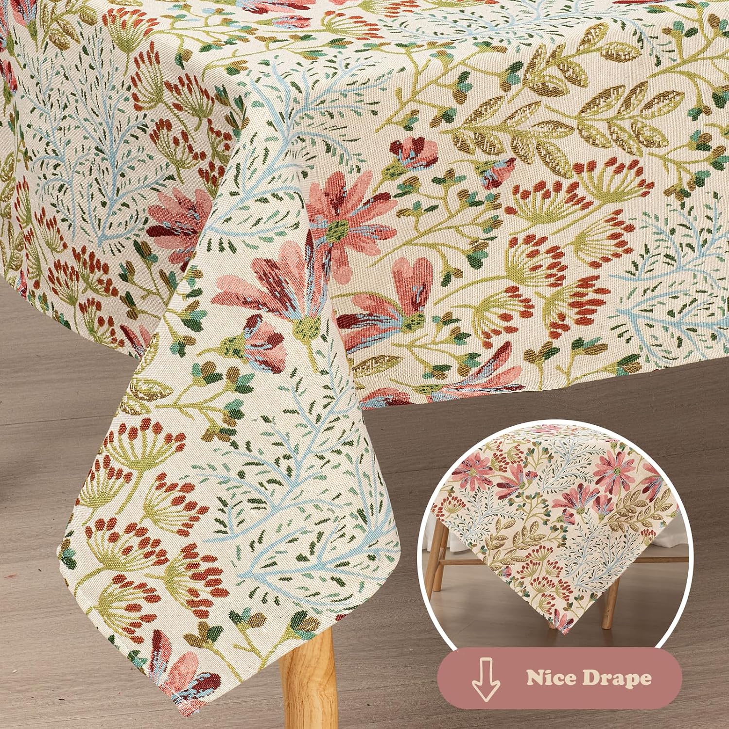 Cream Linen Blend Tablecloth, 330 GSM HeavyWeight Wrinkle Free Fabric for 4 Foot Rectangle Table,Dusky Pink and Sage Green Wildflower Design, 4-6 Seat Kitchen & Dining Table Cover, 55" x 70"