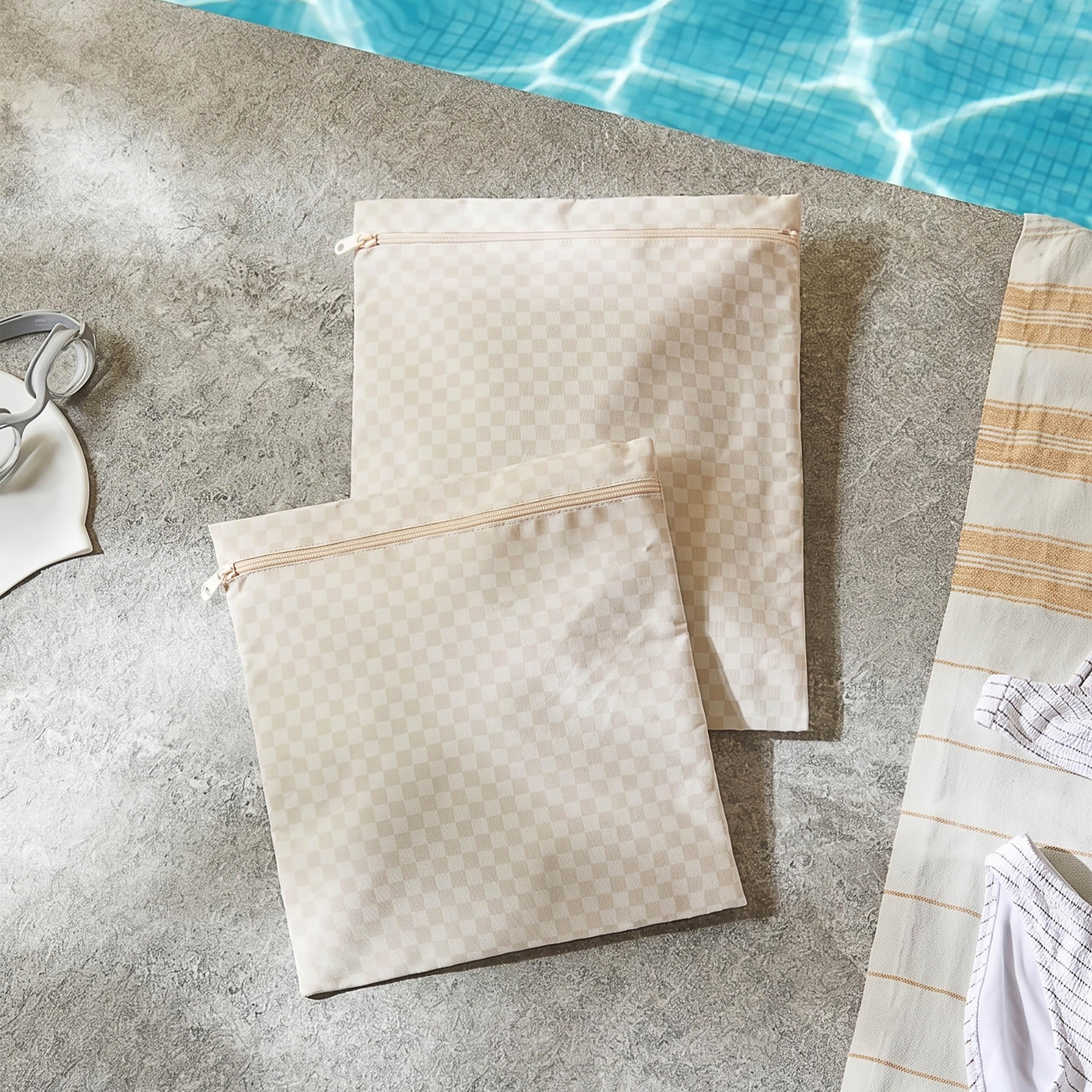 Ocean Home Textile 2'li Su Geçirmez Pvc Astarlı Bej Dama Desen Islak Kuru Çantası 28 x 30/30 x 36 cm