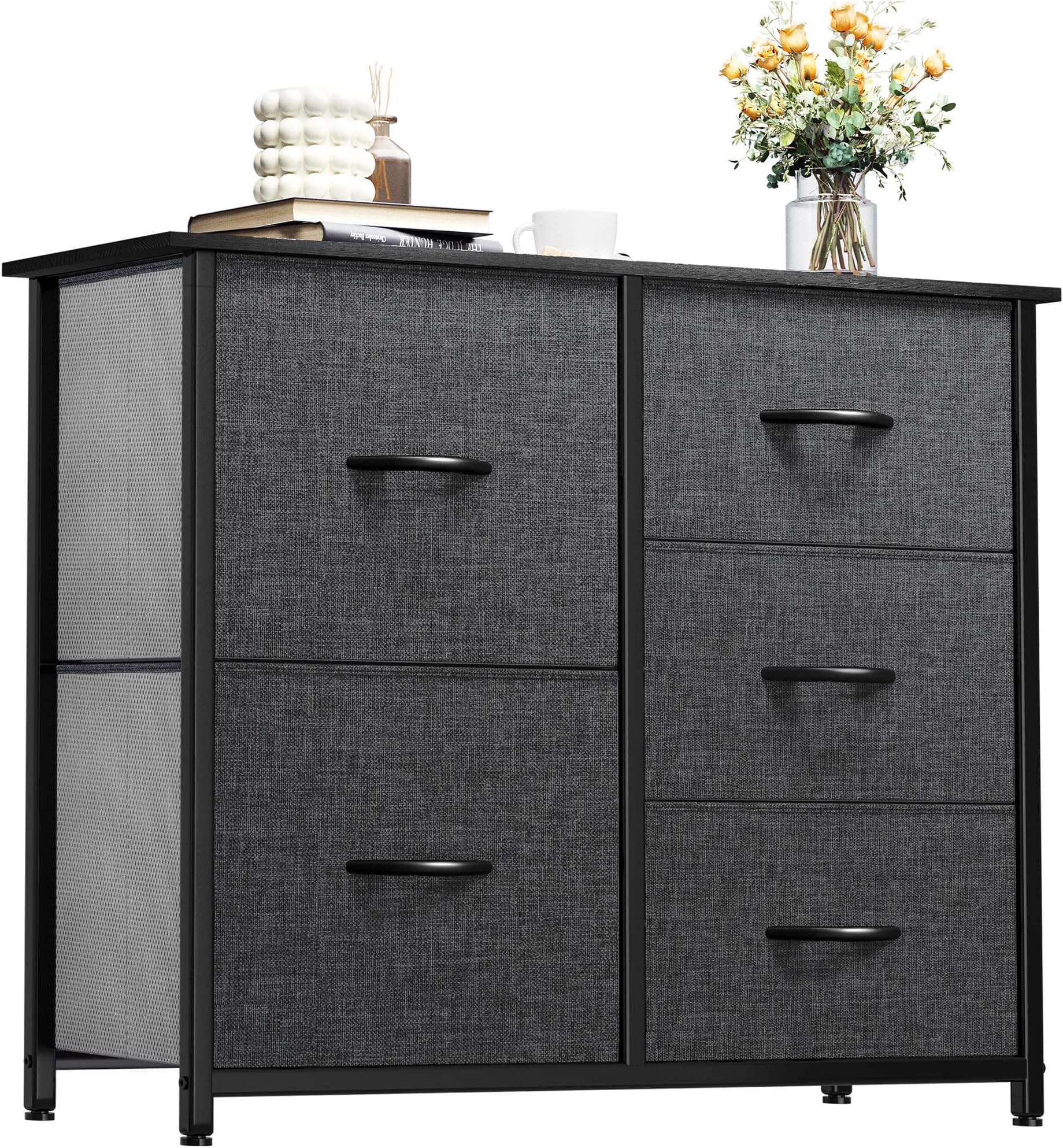 YITAHOME Dresser for Bedroom with 5 Drawers, Wide Bedroom Fabric Dresser with Storage Bins, Clothes Cabinet for Bedroom, Living Room, Hallway, Black Grey