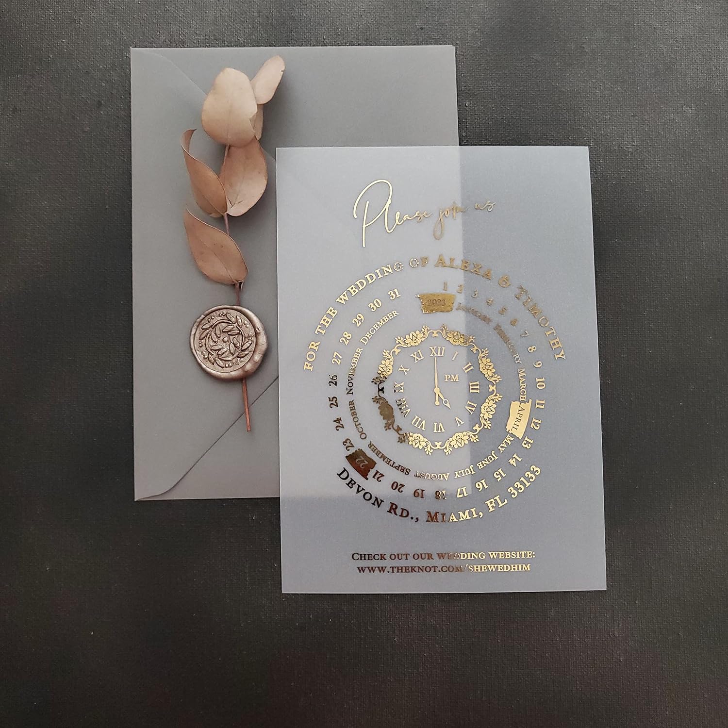 Luxury Gold Foil Calendar Wedding Invitation with Unique Clock design on Semi Transparent Vellum with Envelope. Rose Gold Wedding Invite (5" x 7" (12.7 x 17.8 cm))