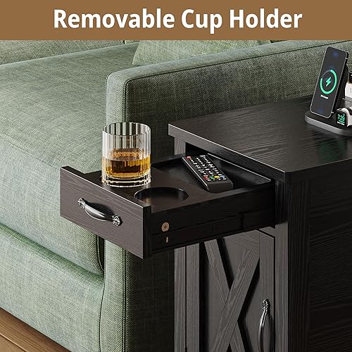 Miniatura 8 de IRONCK Mesa auxiliar con estación de carga, mesa auxiliar estrecha para sala de estar, juego de 2 mesitas de noche con cajón y portavasos, mesita de