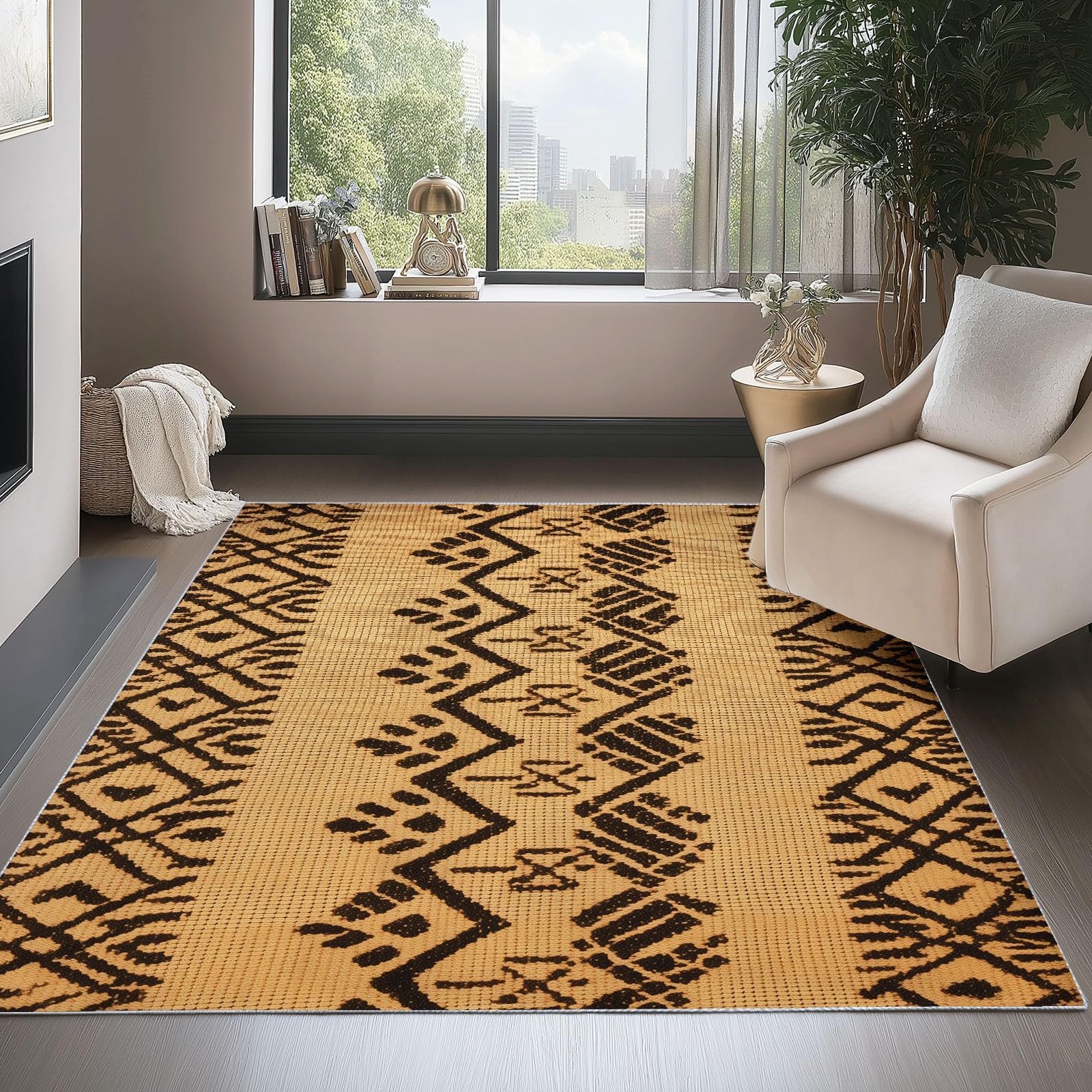 Tapis lavable 90x180 cm motif africain marron et noir pour chambre