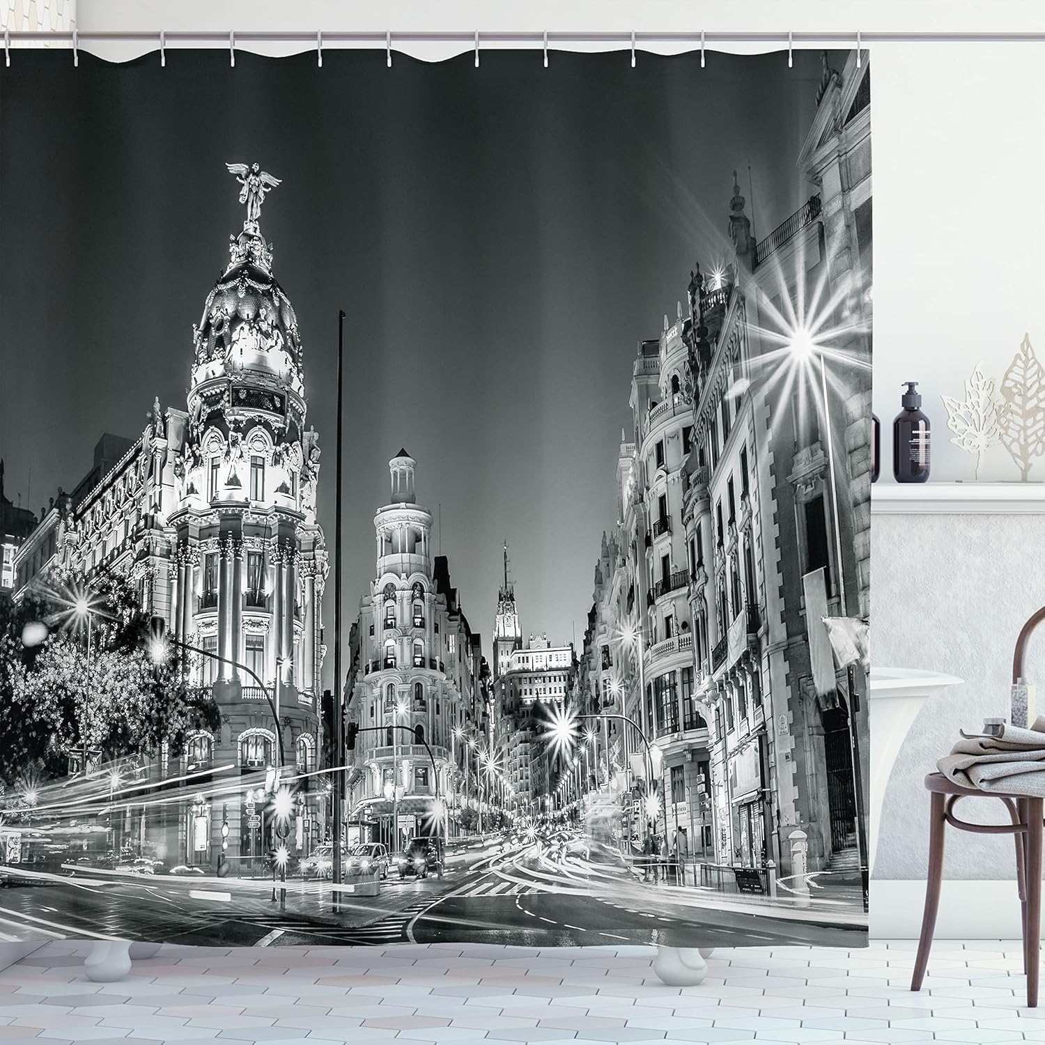 Ambesonne Black and White Shower Curtain, Madrid City at Nighttime in Spain Main Street Architecture, Cloth Fabric Bathroom Decor Set with Hooks, 69" W x 75" L, Black White Grey