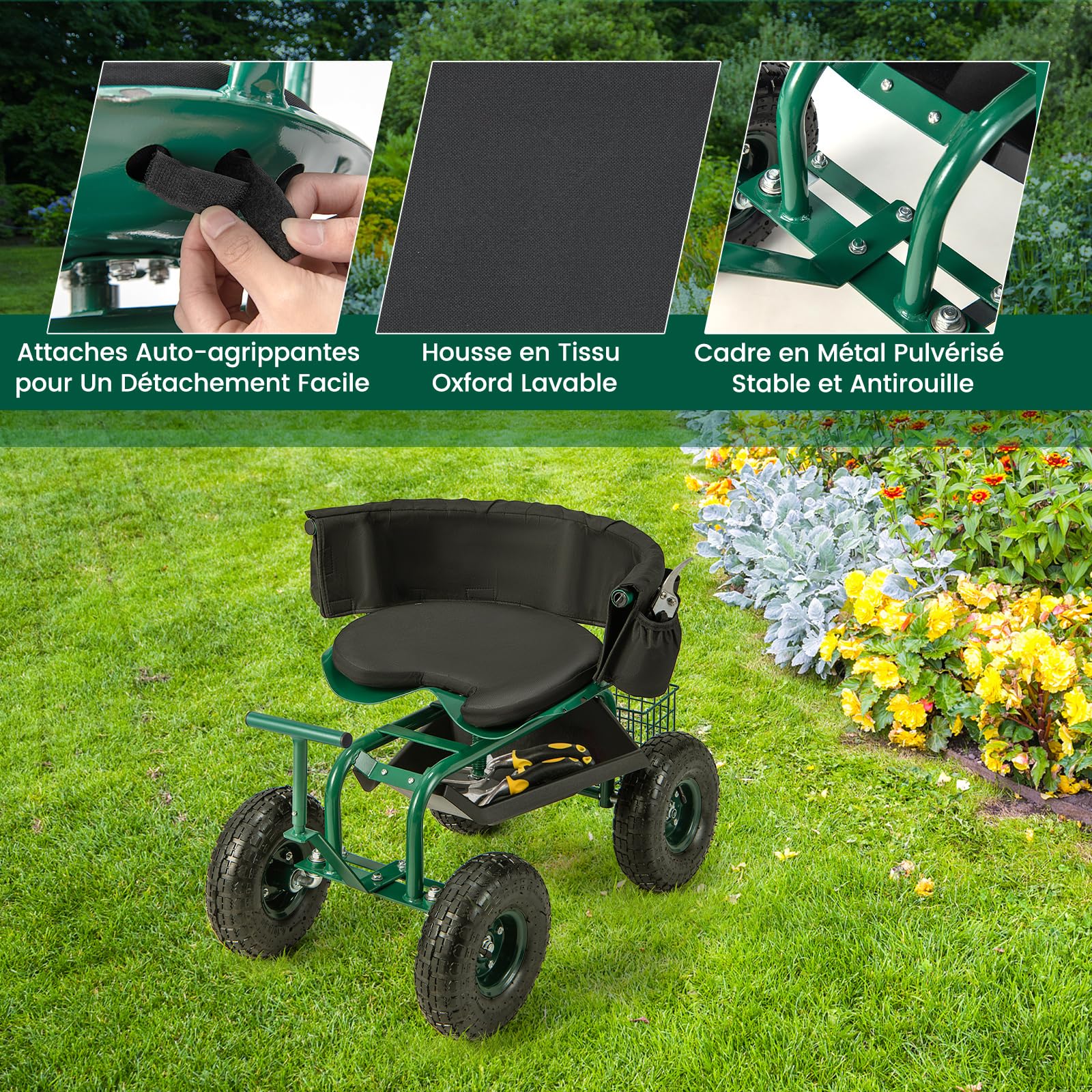 RELAX4LIFE Siège de Jardinage Roulant, Chariot de Jardin avec Siège Pivotant et Hauteur Réglable, 2 Poignées, Coussin de Siège Amovible, Plateau à Outils, Siège de Travail pour Jardiner