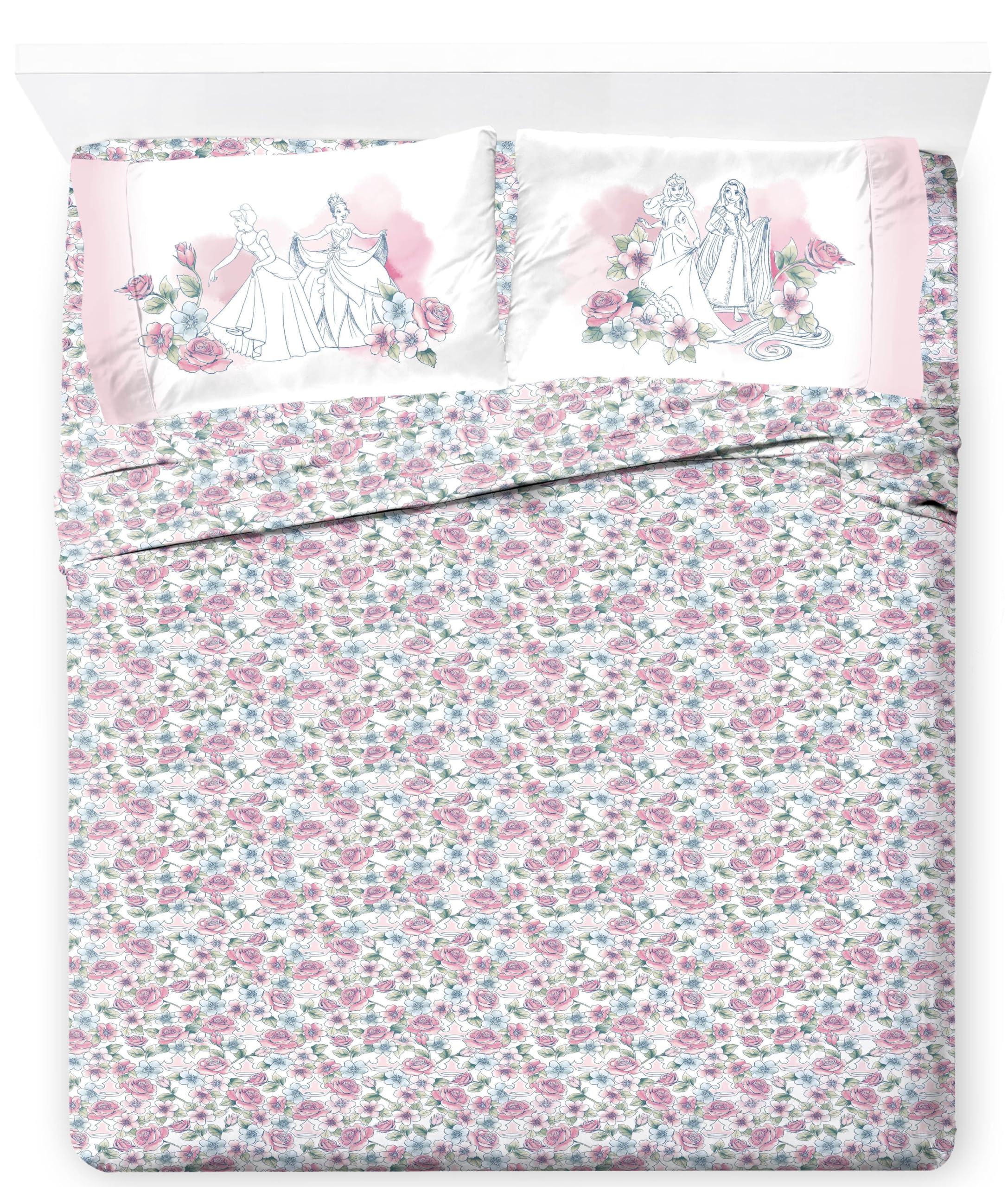jay franco kids sheet set includes sheets and pillow cover - 100% microfiber bedding and room decor, pink - disney princess, 4 piece queen