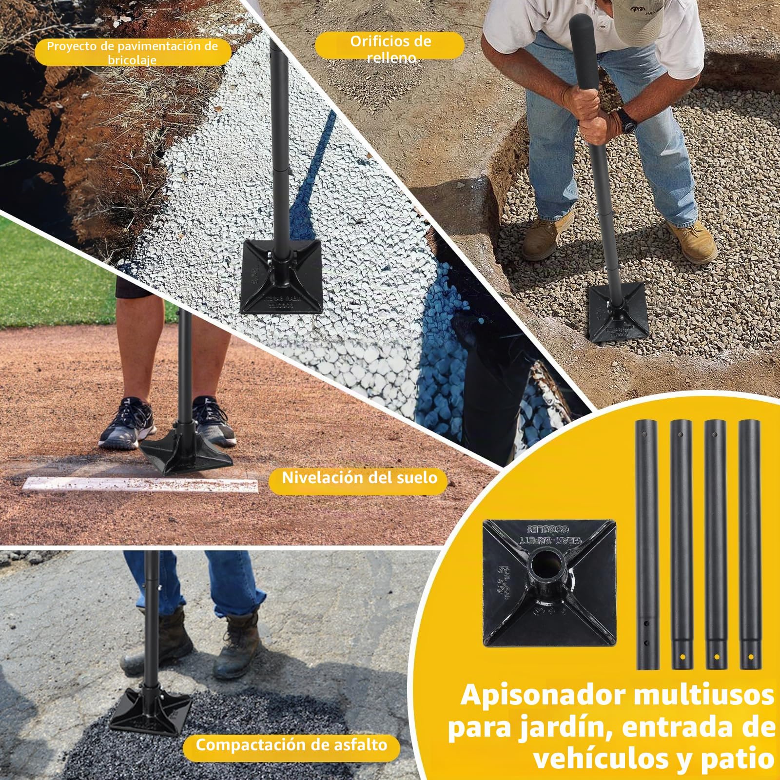 Machacador de acero de 20,32 x 20,32 cm con mango de 145 cm, apisonador manual para jardín, compactador de suelo para nivelación, montaje en suelo, reparación de adoquines