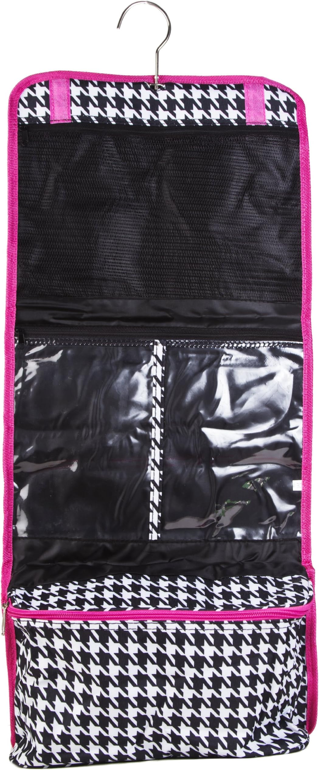 Pink Trim Houndstooth Hanging Cosmetic Makeup Bag