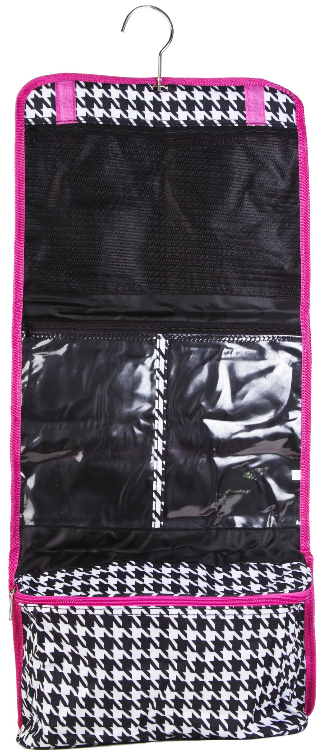 Pink Trim Houndstooth Hanging Cosmetic Makeup Bag