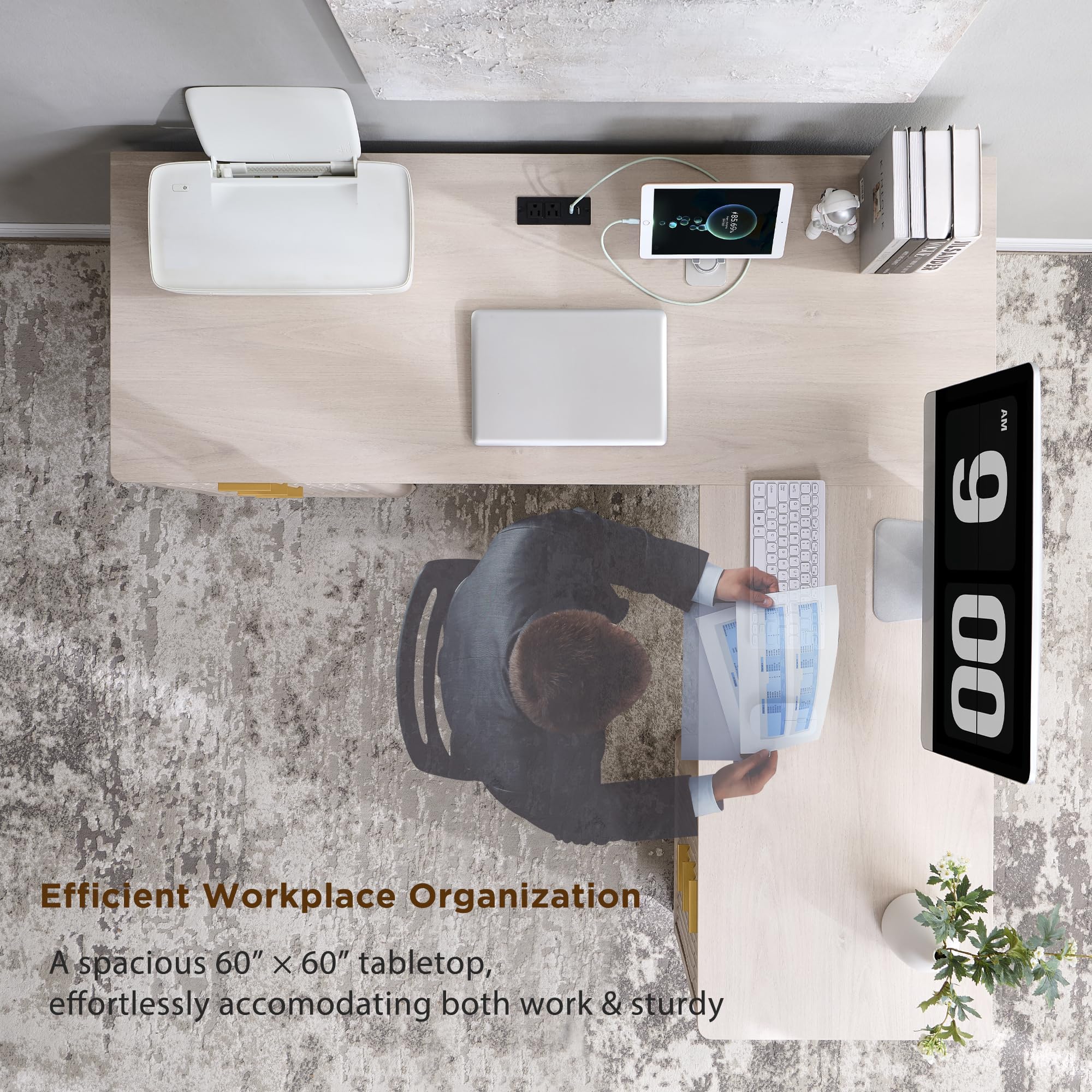 T4TREAM 60'' Fluted Executive L Shaped Desk, Modern Home Office Desk with Charging Station and File Drawer, Computer Corner Desks with Drawers & Storage Cabinet for Office Home, Bedroom,