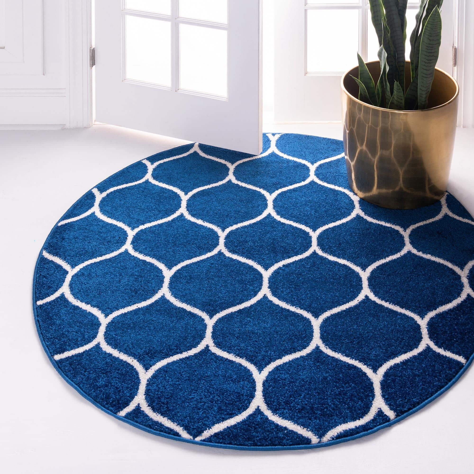 Rugs.com Lattice Frieze Collection Rug – 3' Round Navy Blue Medium Rug Perfect for Kitchens, Dining Rooms