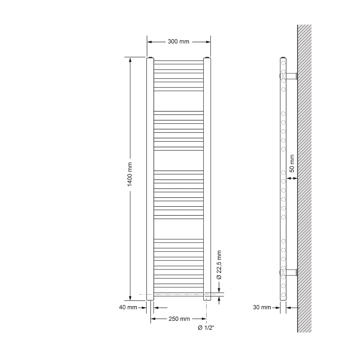 ECD Germany Radiatore Scaldasalviette Elettrico 900W Termoarredo da Bagno Moderno in Acciaio Bianco - 300 x 1400 mm - Bianco - Dritto con Attacco Laterale - Scaldasalviette 300x1400 mm 900W