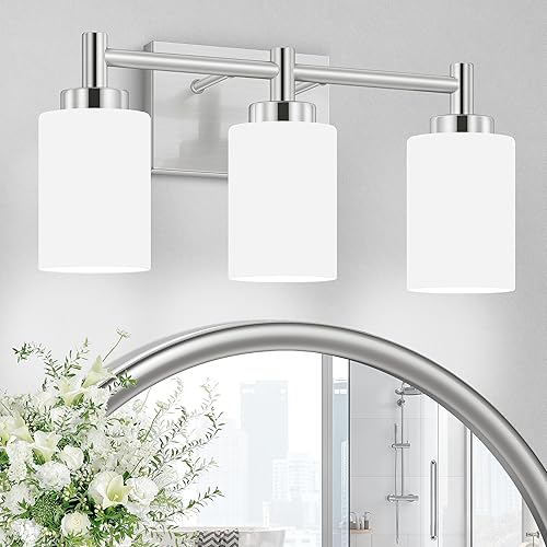3-Light Brushed Nickel Bathroom Light Fixtures Over Mirror, Rustproof Brushed Nickel Vanity Light, Modern Bathroom Vanity Lights with Milky White