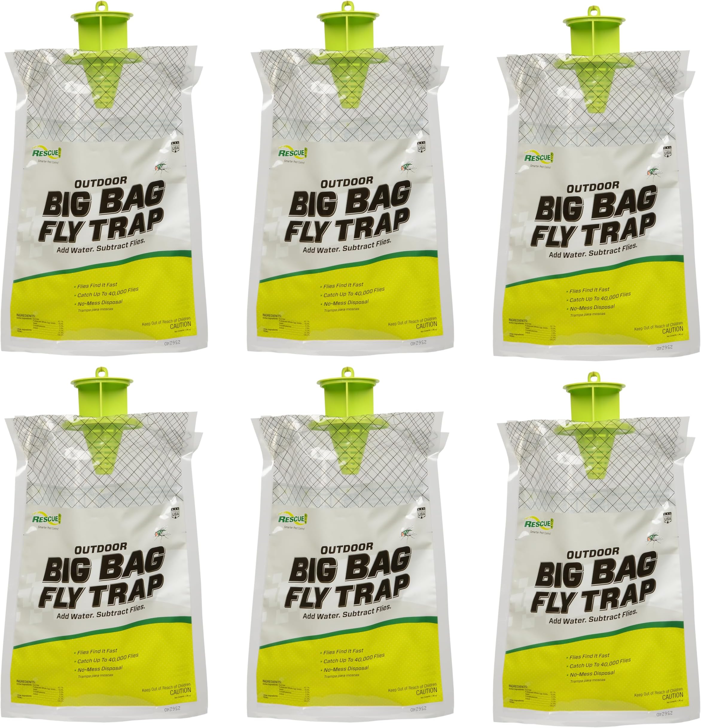 Rescue BFTD Disposable Big Bag Fly Trap, Catches Flies in Agricultural Areas with Non-Toxic Fast-Acting Fly Attractant, Holds Upto 40,000 Flies (Pack of 6)