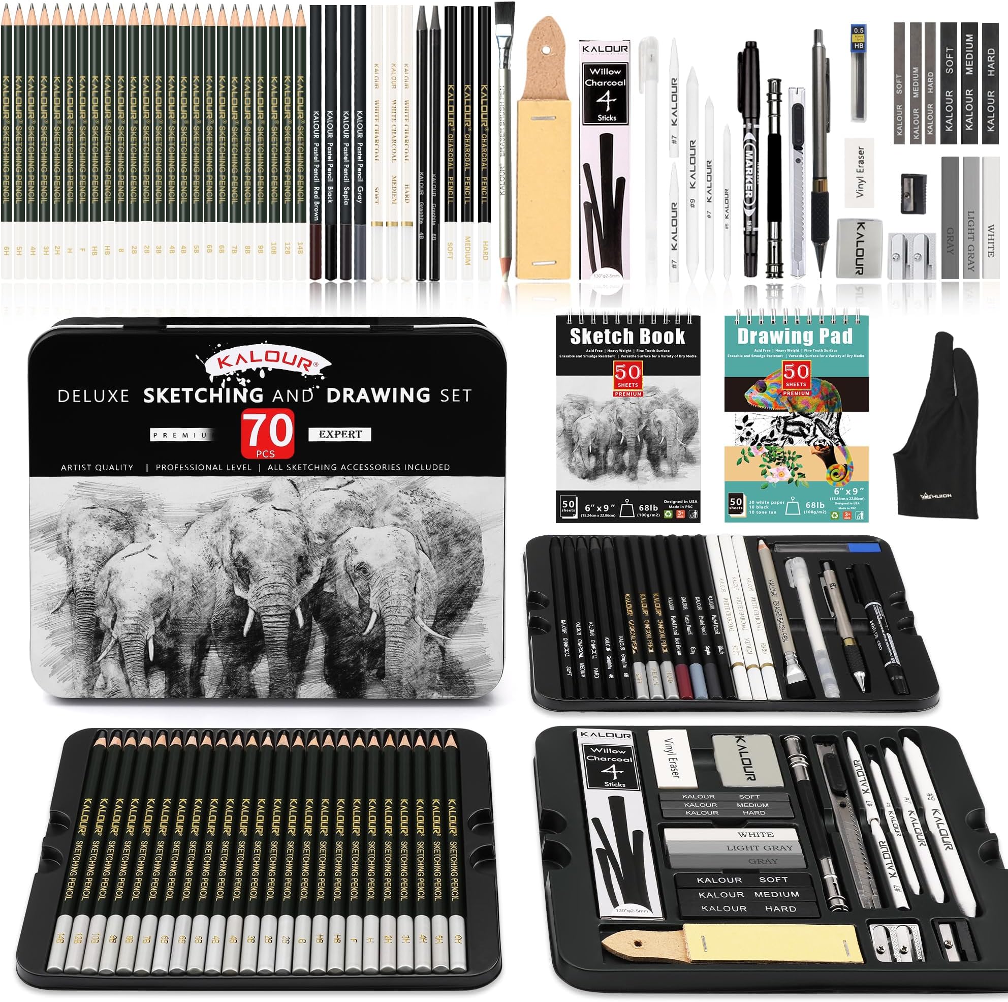 Kalour Sketching Drawing Kit(72 Pieces) - Three Color Drawing Book and Sketch Pad - Premium Graphite,Charcoal,Pastel and Drawing Tools - Art Supplies for Sketching Shading - for Artist Adult Beginner