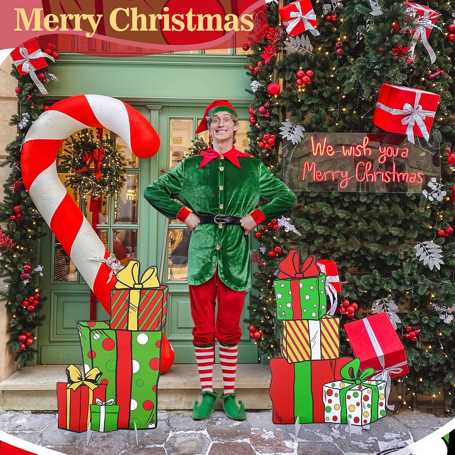 Chunful 2 Pcs Large Funny Christmas Decorations 24 Inch Whimsical Box Stand up Decorations Festive Green and Red Holiday Decor for Xmas Tree Home Decor