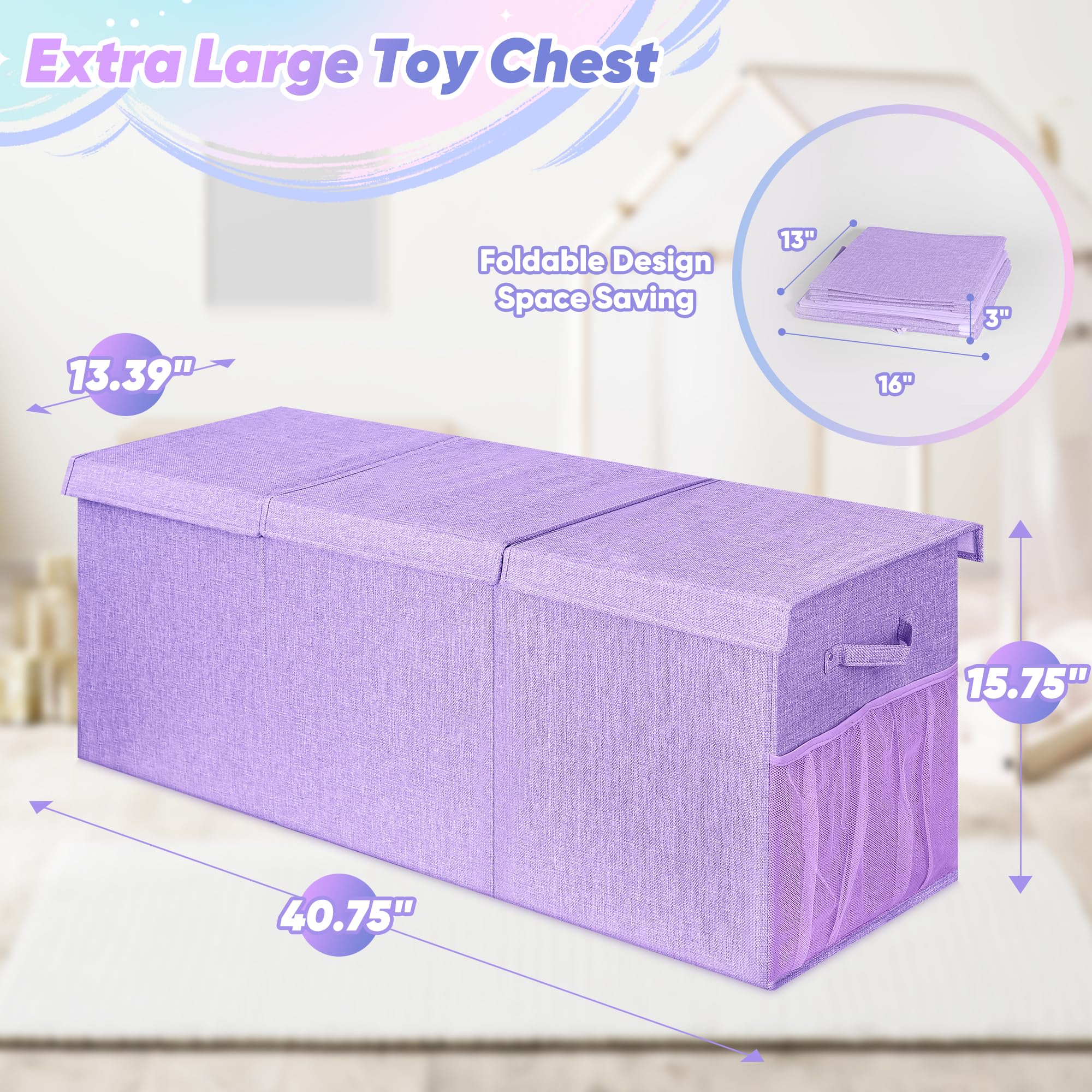Mabahoo Caja de juguetes extra grande, caja de juguetes para niños y niñas, organizador de almacenamiento de juguetes resistente plegable con bolsillos de malla, 41 x 14 x 16 pulgadas, cajas de
