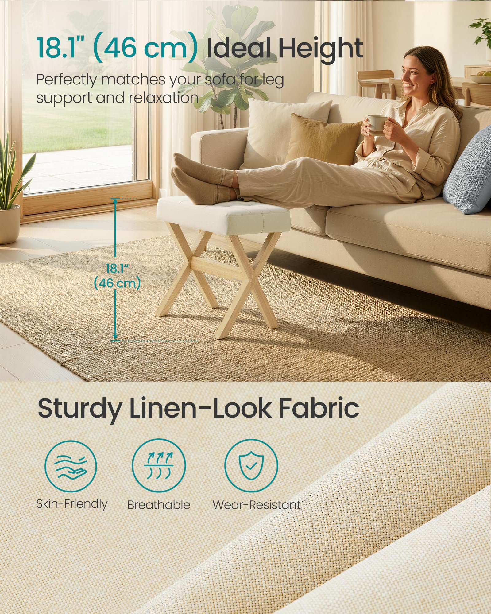 SONGMICS Makeup Stool, Padded Vanity Stool, Foot Rest, Solid Wood X Legs, for Bedroom, Closet, Entryway, 12.6 x 16.5 x 18.1 Inches, Summer Sand and Natural Beige ULSF006LF02 - 4