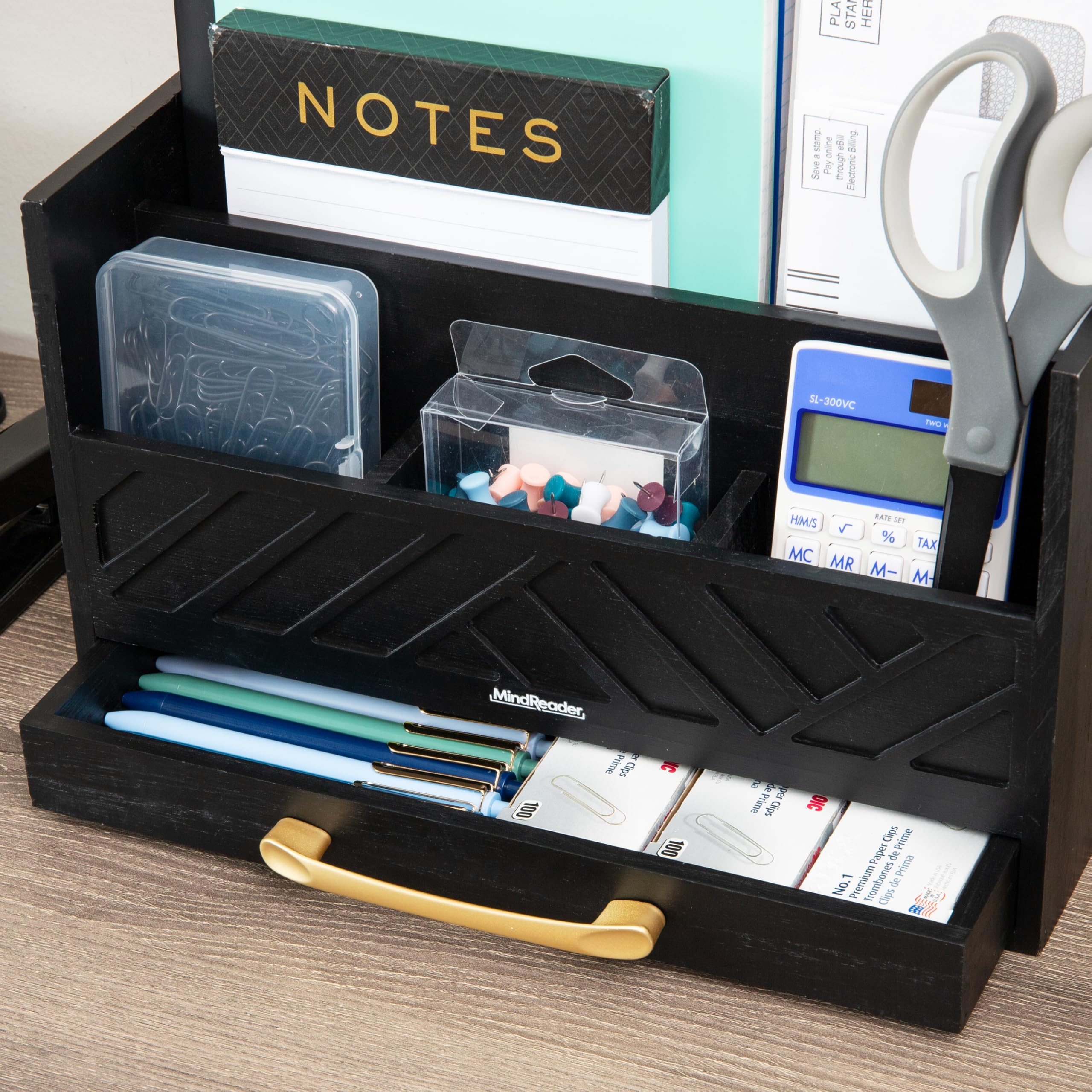Mind Reader Schreibtisch-Organizer mit 5 Fächern, rustikales Holzregal mit Schublade für Papiere, Zubehör und Bürobedarf, 31,8 cm L x 10,8 cm B x 19,1 cm H, Schwarz